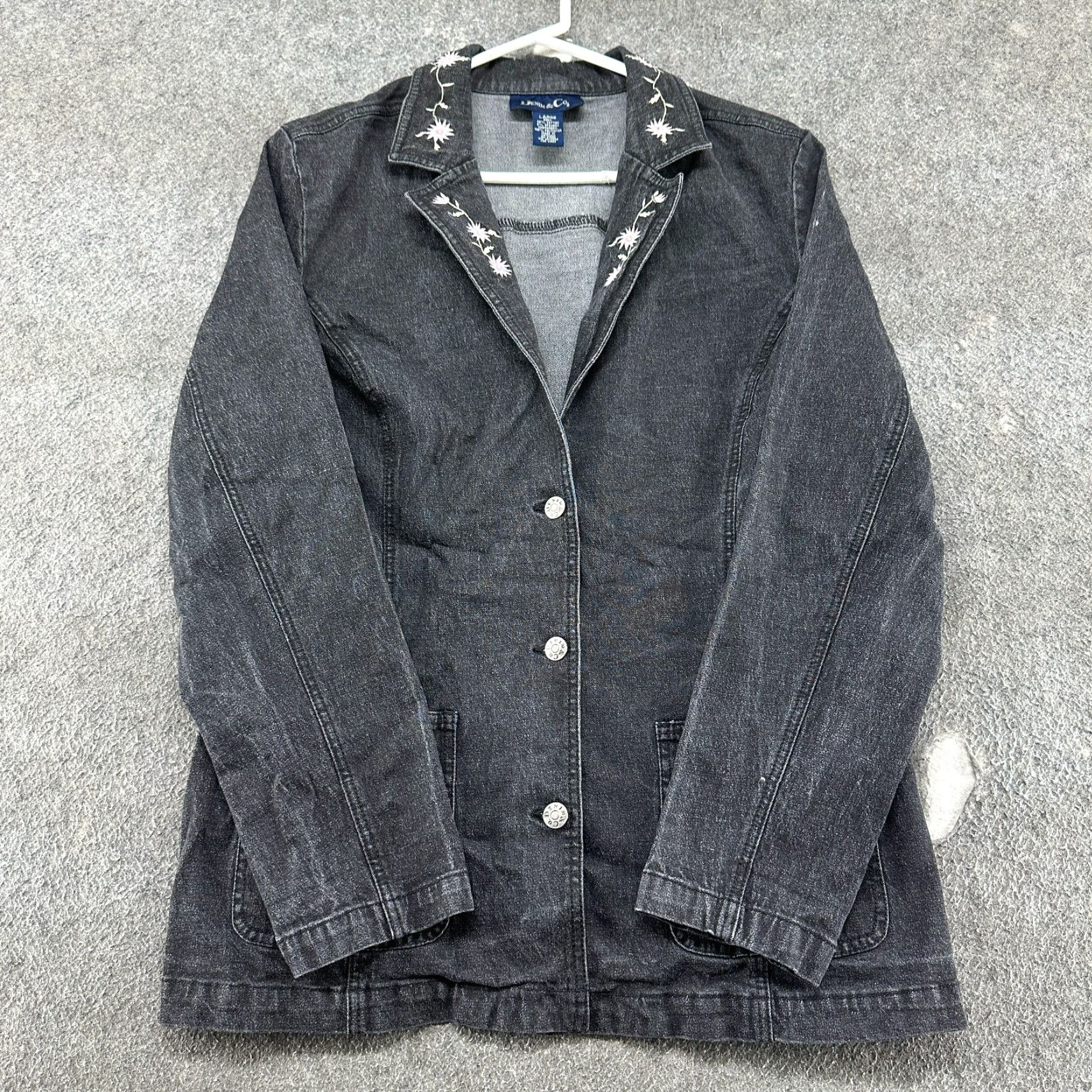 Denim & Co. VINTAGE Denim & Co Jacket Womens L Black Denim Coat Mid-Length Dark Wash 90s Biker Size 36" / US 14 / IT 50 - 2 Thumbnail
