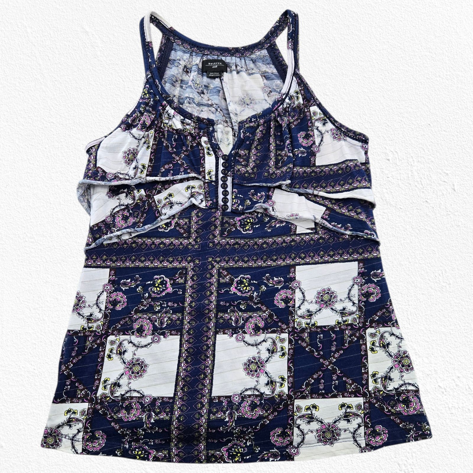 Anthropologie Blue Boho Printed Ruffle Button Front Tank Top Size Small Size S / US 4 / IT 40 - 2 Thumbnail