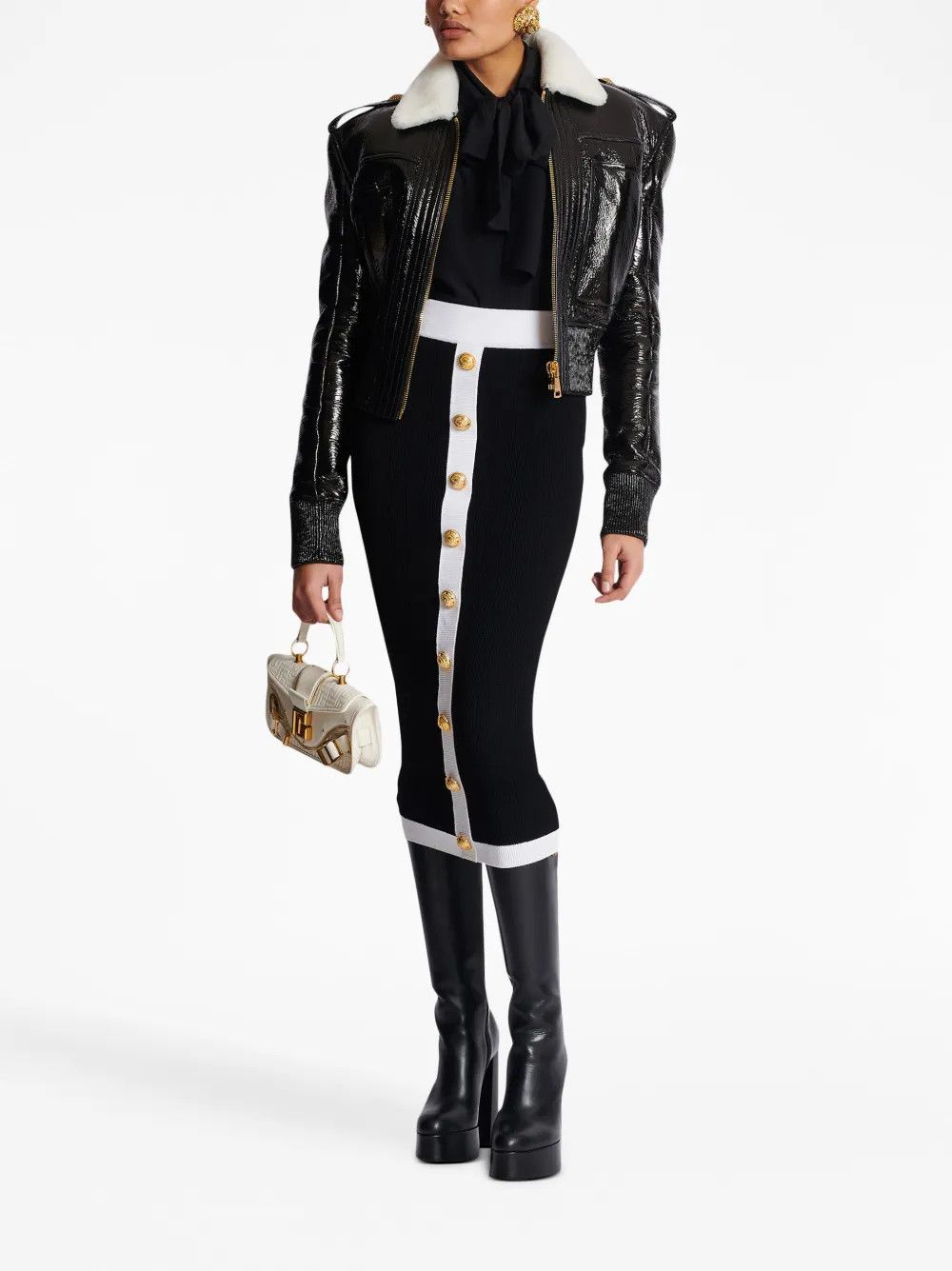 Balmain o1s1wg110825 Buttoned Knit Midi Skirt in Black/White Size 26" / US 2 / IT 38 - 6 Thumbnail