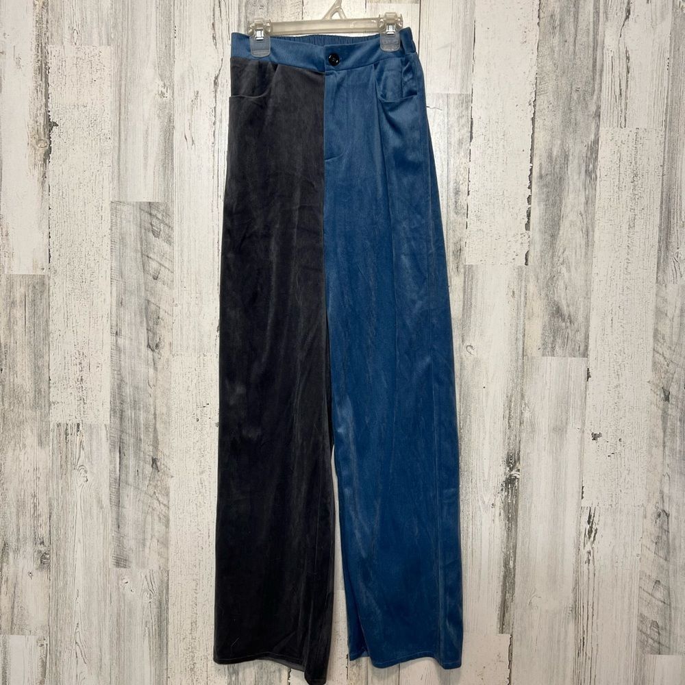 Shein Blue & Black Colorblock Velvet Pants – Wide Leg High Waist Size Small Size 26" / US 2 / IT 38 - 1 Thumbnail