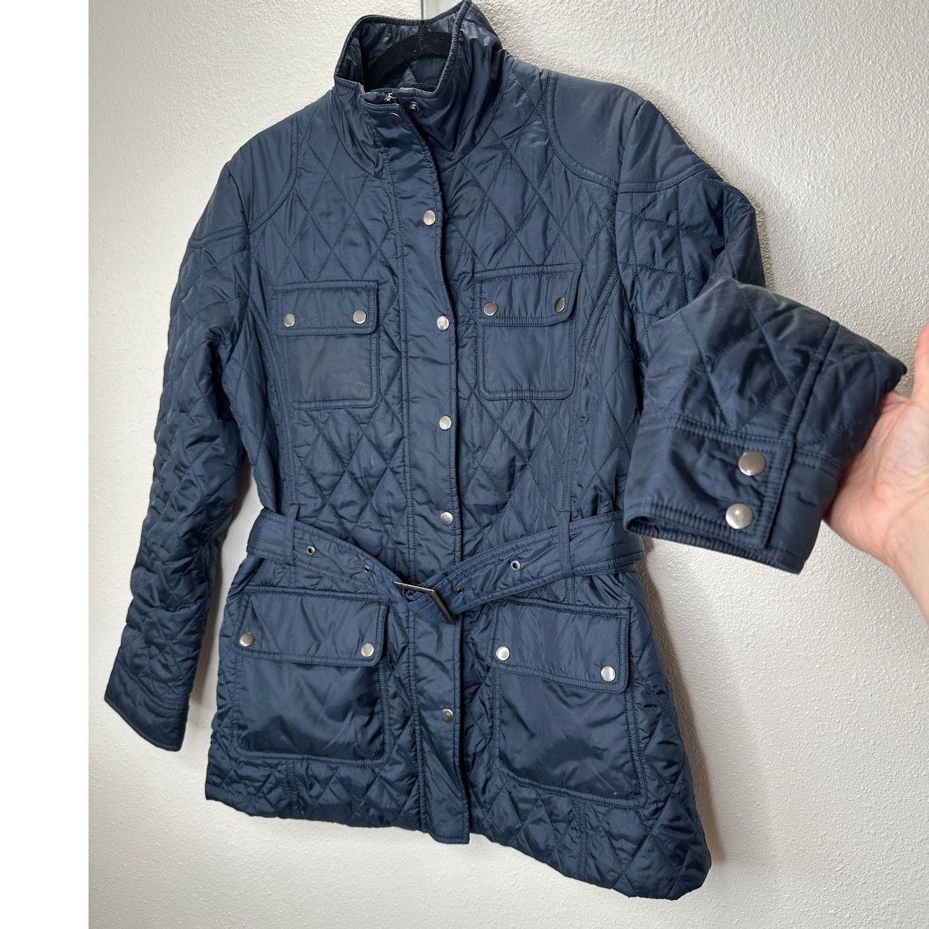 Banana Republic Banana Republic Navy Diamond Quilt Belted Mock Neck Jacket L Size L / US 10 / IT 46 - 1 Thumbnail