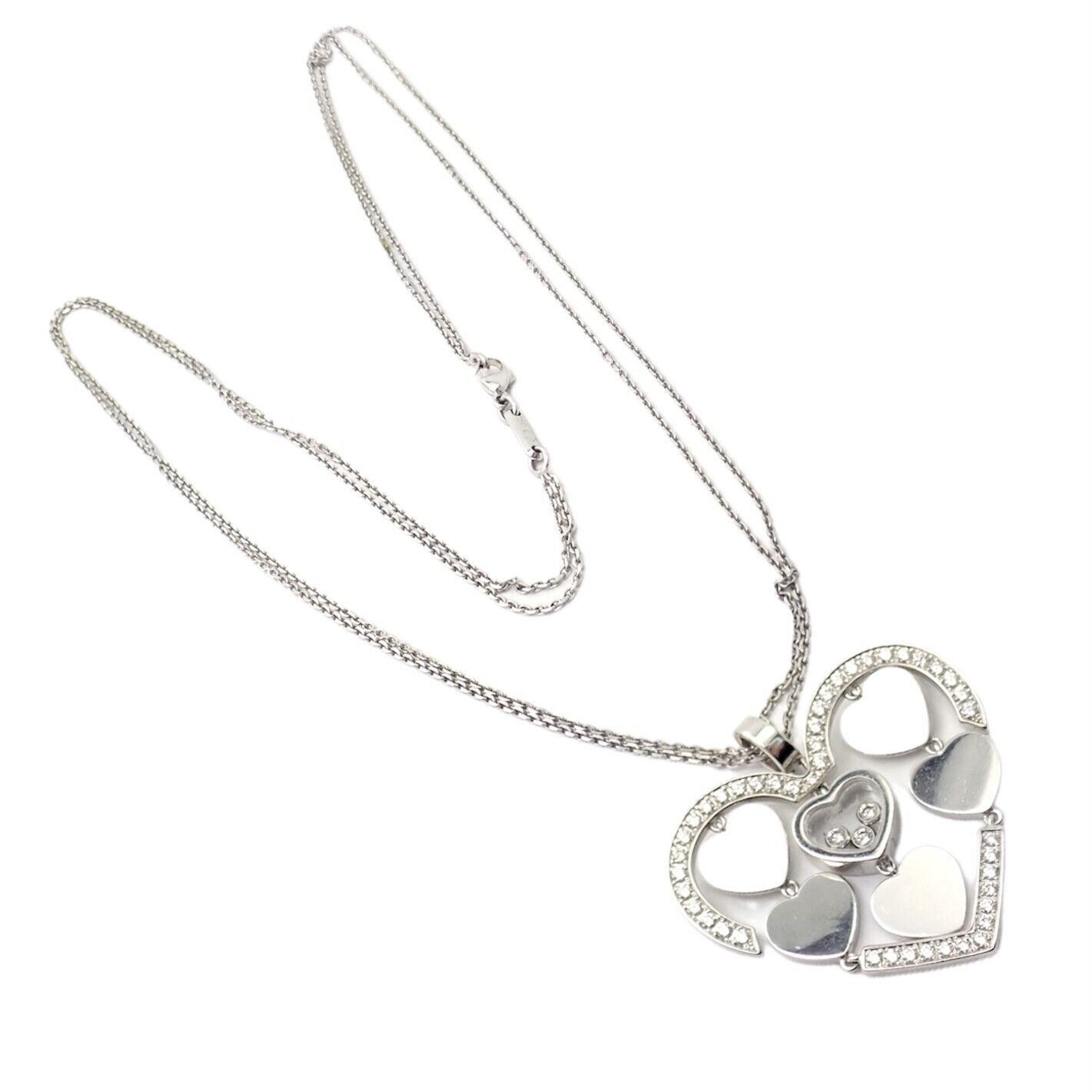 18k White Gold Large Double Happy Hearts Diamond Necklace