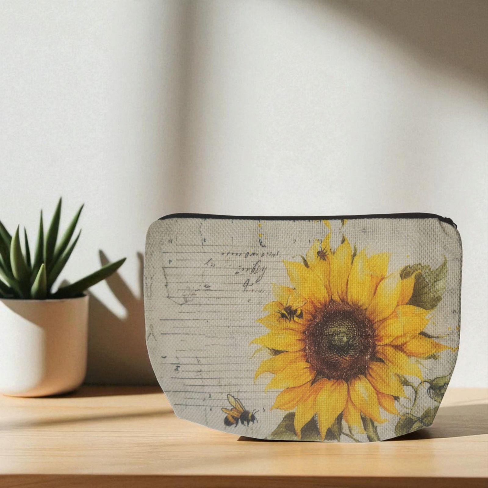 Other Vintage Sunflower Bee Cosmetic Bag Linen Makeup Organizer Size ONE SIZE - 2 Thumbnail