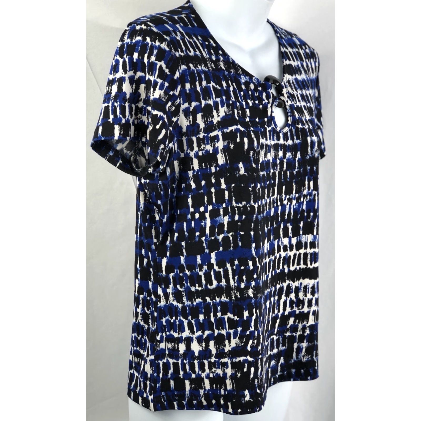 CO VINTAGE Jones & Co Top Blouse M Blue/Black Print Keyhole Scoop Neck Short Sleeves Womens Size M / US 6-8 / IT 42-44 - 2 Thumbnail