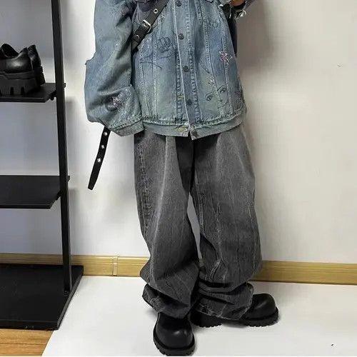 Japanese Brand Dark Grey Washed Damage Baggy jeans y2k streetwear Size US 32 / EU 48 - 2 Thumbnail