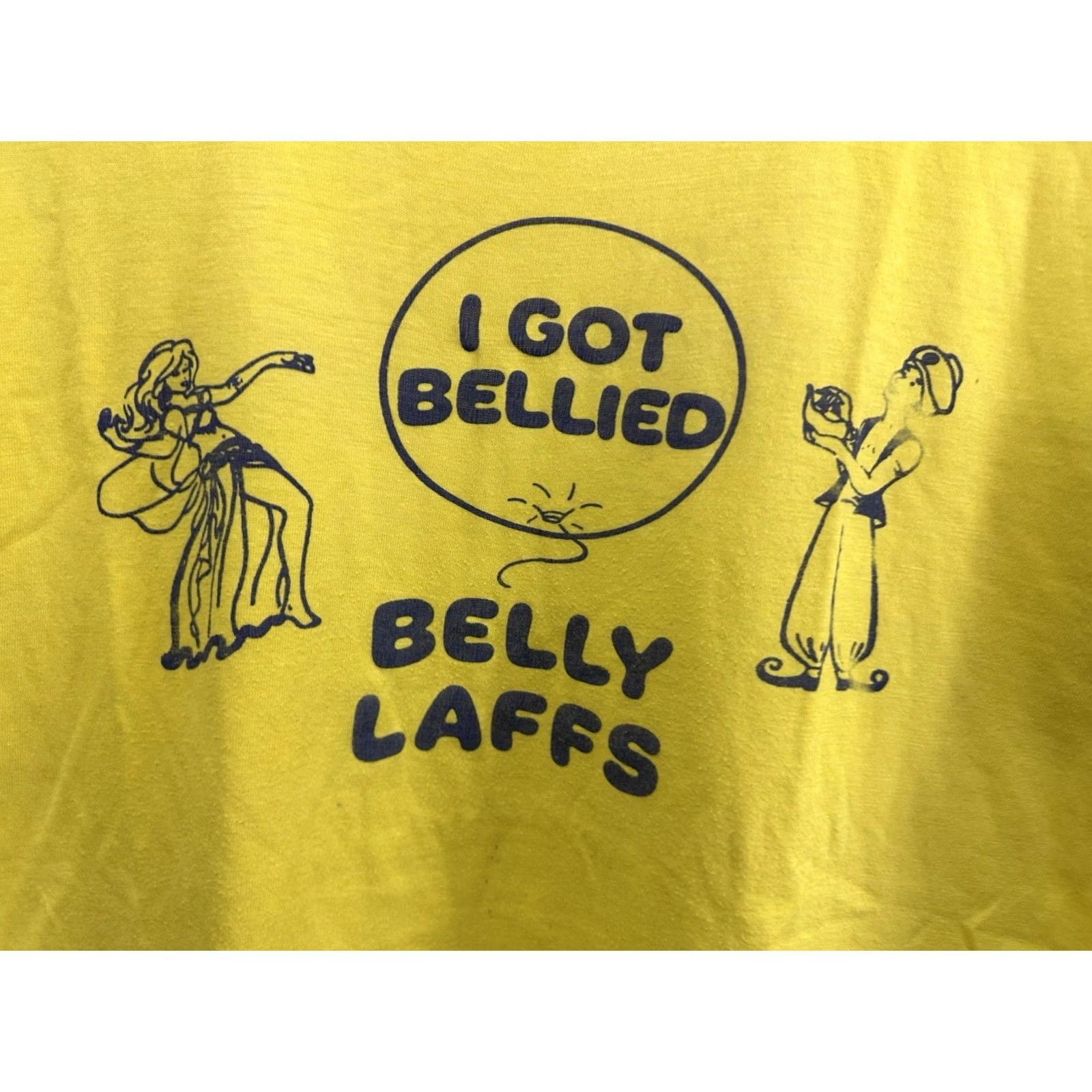 DANCER VTG 70s I Got Bellied Belly Laffs Dance Thin Yellow T-Shirt Size M Men Short Sleeve Regular Adult Medium Yellow Dance 70s Mens Size US M / EU 48-50 / 2 - 3 Thumbnail