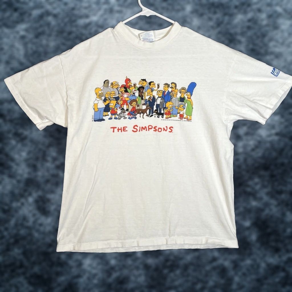 VINTAGE Hanes The Simpsons Cast T Shirt Adult Large White USA Made Mens 1992 Crew Neck Short Sleeve Cotton Graphic Print 90s Boys Girls Mens