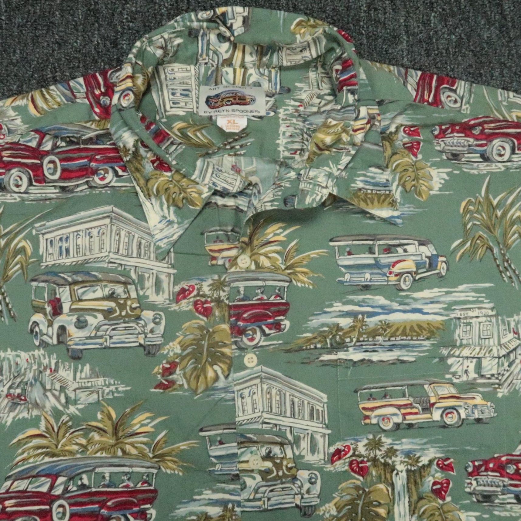 Reyn Spooner VINTAGE Reyn Spooner Shirt Mens XL Green Hawaiian Classic Cars Aloha Island Scene Size US XL / EU 56 / 4 - 2 Thumbnail