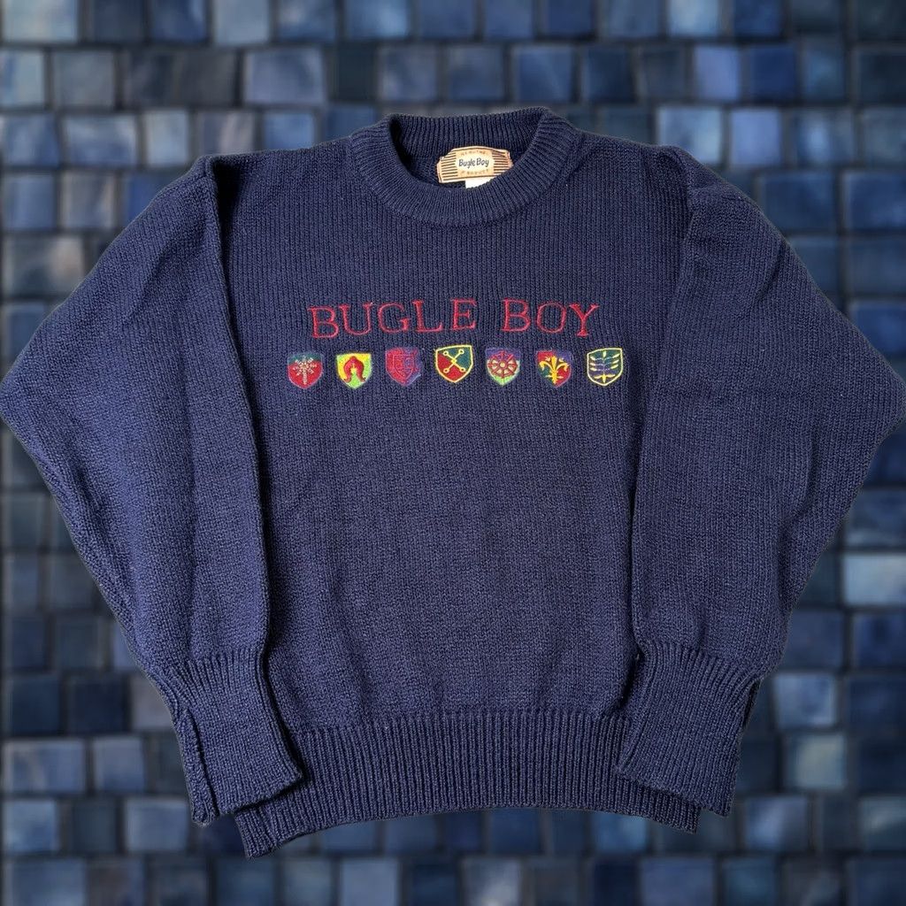 Bugle Boy VINTAGE Bugle Boy Sweater Geometric Pattern Blue Crest Mens L Pullover Knit Acrylic Blue Crew Neck Size US L / EU 52-54 / 3 - 1 Thumbnail