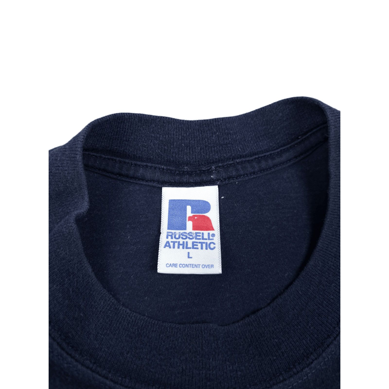 Russell Athletic × Vintage 💎 Vintage Russell Athletic Spell out Big Logo Navy T-shirt Size US L / EU 52-54 / 3 - 7 Thumbnail