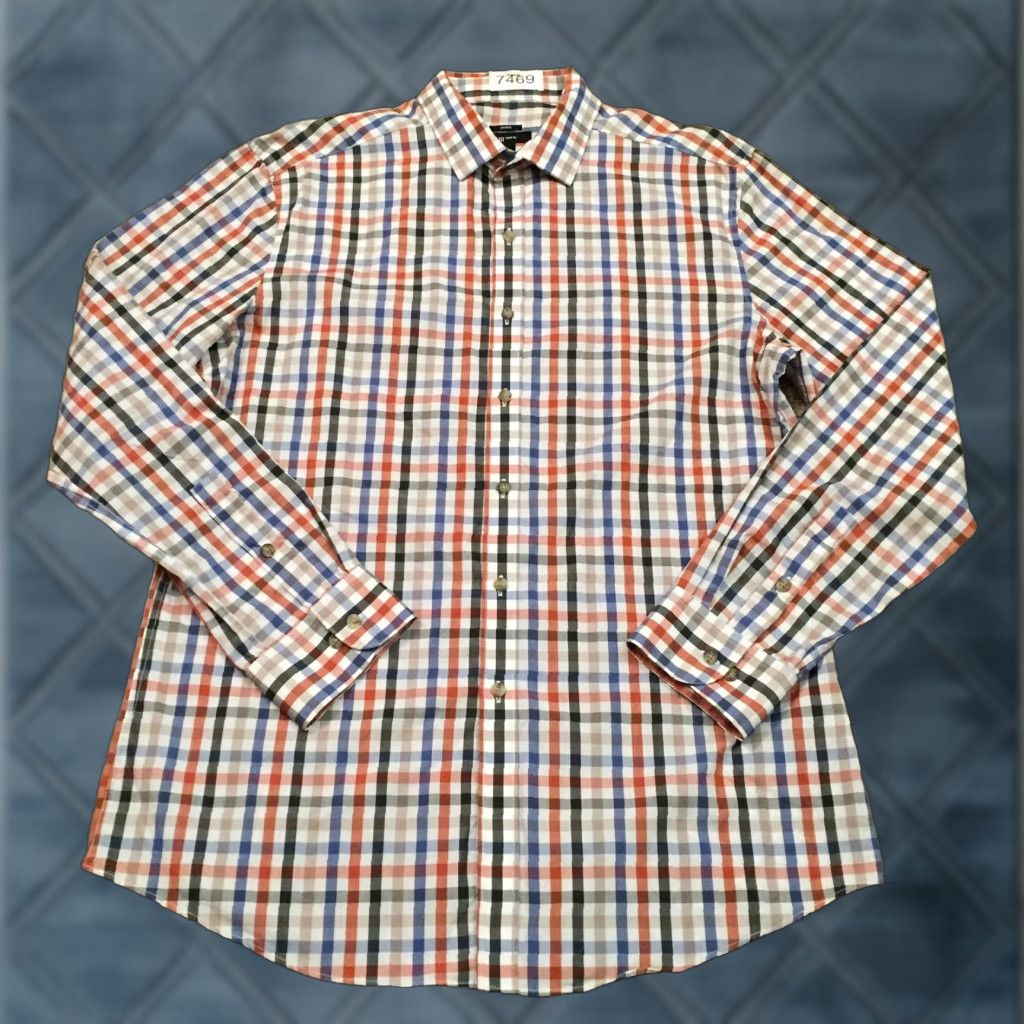 Bar III Bar III Shirt Mens Large Slim Orange Blue Plaid Long Sleeve Button Up Stretch Size US L / EU 52-54 / 3 - 1 Thumbnail