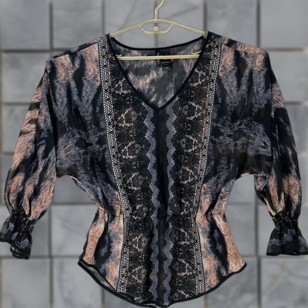Vintage BISOU BISOU Blouse Gray Pink Sheer Y2K Retro Boho Grunge Whimsigoth Size M Womens Blouse Size M / US 6-8 / IT 42-44 - 1 Thumbnail