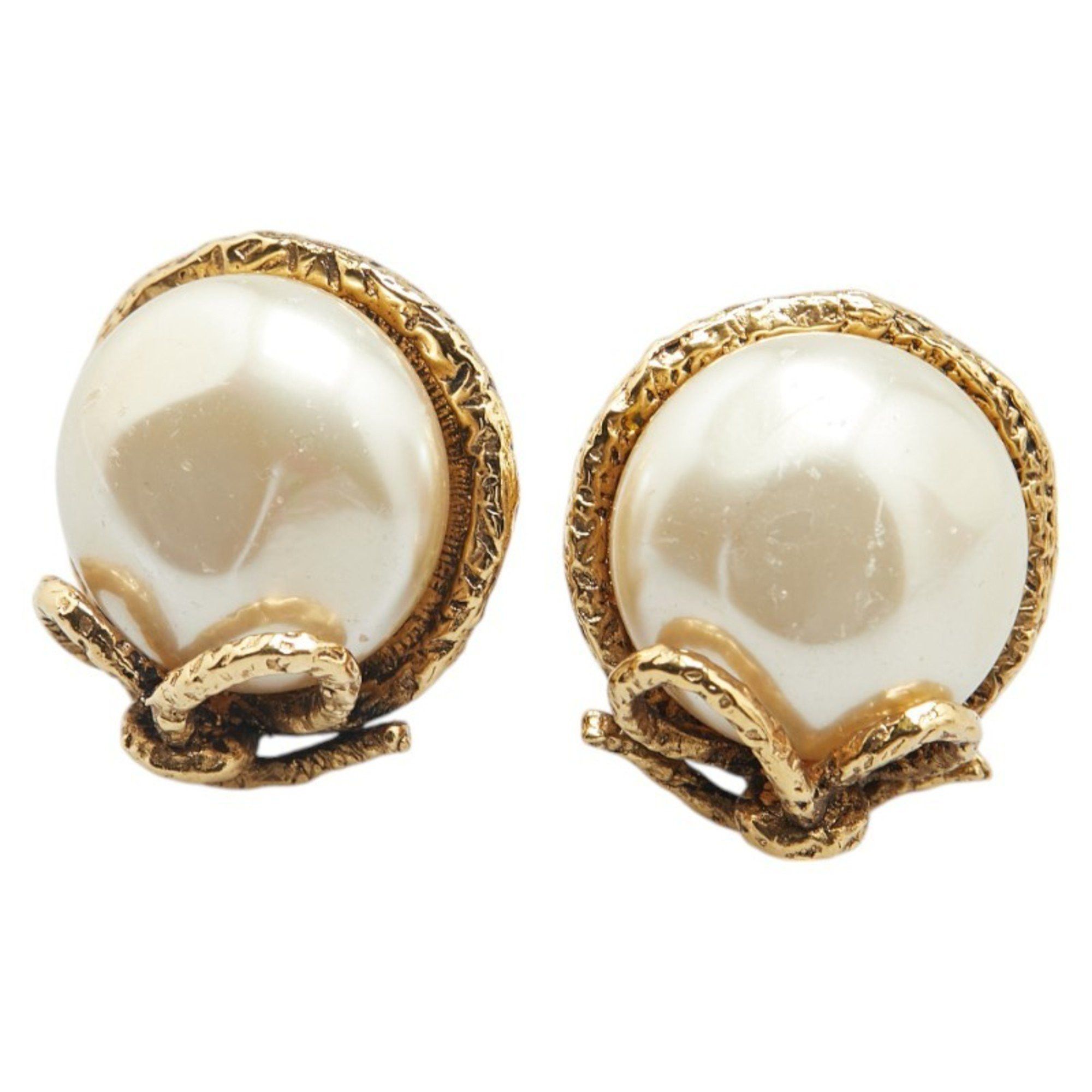 CHANEL Ribbon Motif Earrings Gold Plated with Faux Pearls Women's