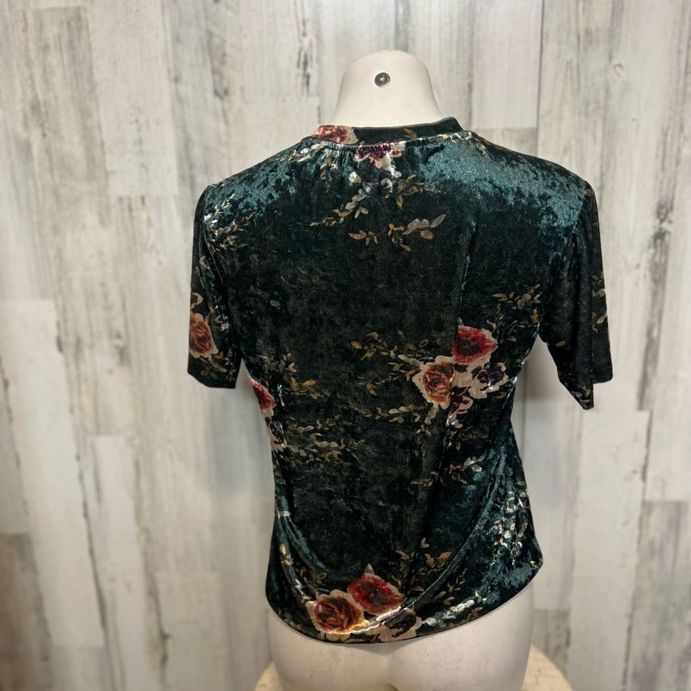 Shein Velvet Floral Short Sleeve Top Green Pink Roses Crushed Velv Size XS / US 0-2 / IT 36-38 - 4 Thumbnail