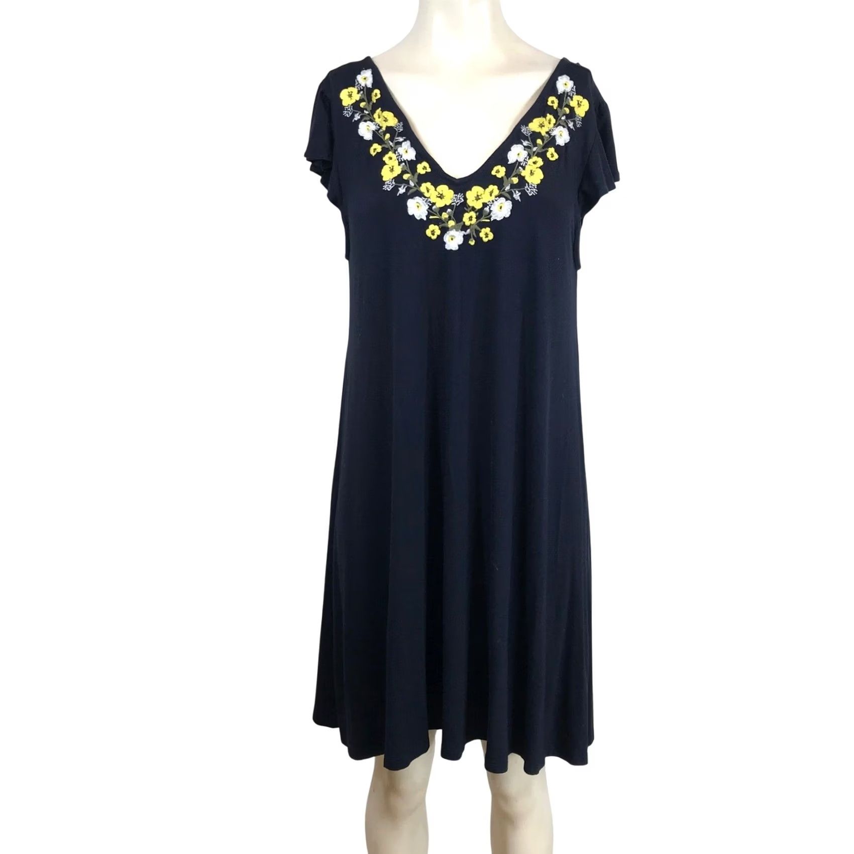 Loft VINTAGE? No. LOFT Navy Blue Floral Embroidered V-Neck Short Sleeve Swing T-Shirt Dress Medium Size M / US 6-8 / IT 42-44 - 2 Thumbnail
