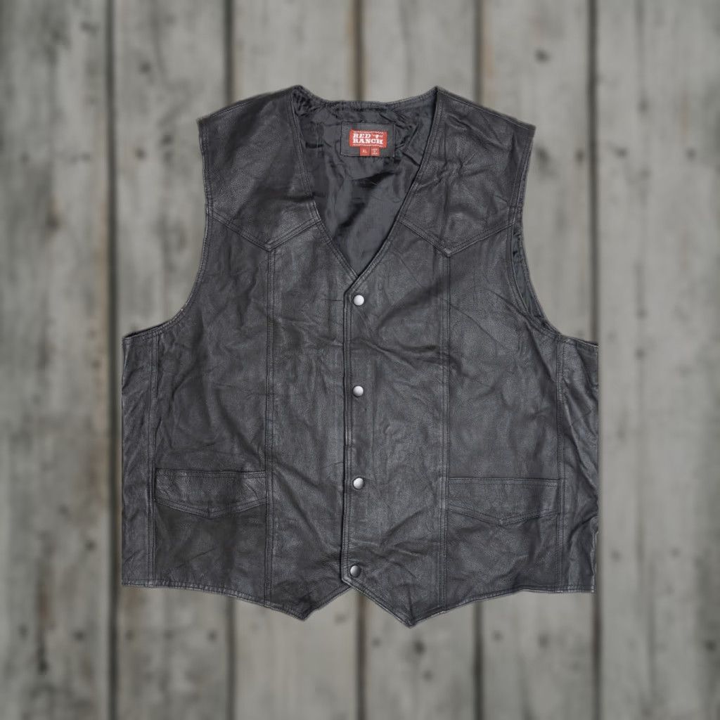 Vintage VINTAGE Red Ranch Leather Vest 1990s X-Large Black Leather / Nylon / Polyester Mens, Womens Size US XL / EU 56 / 4 - 1 Thumbnail