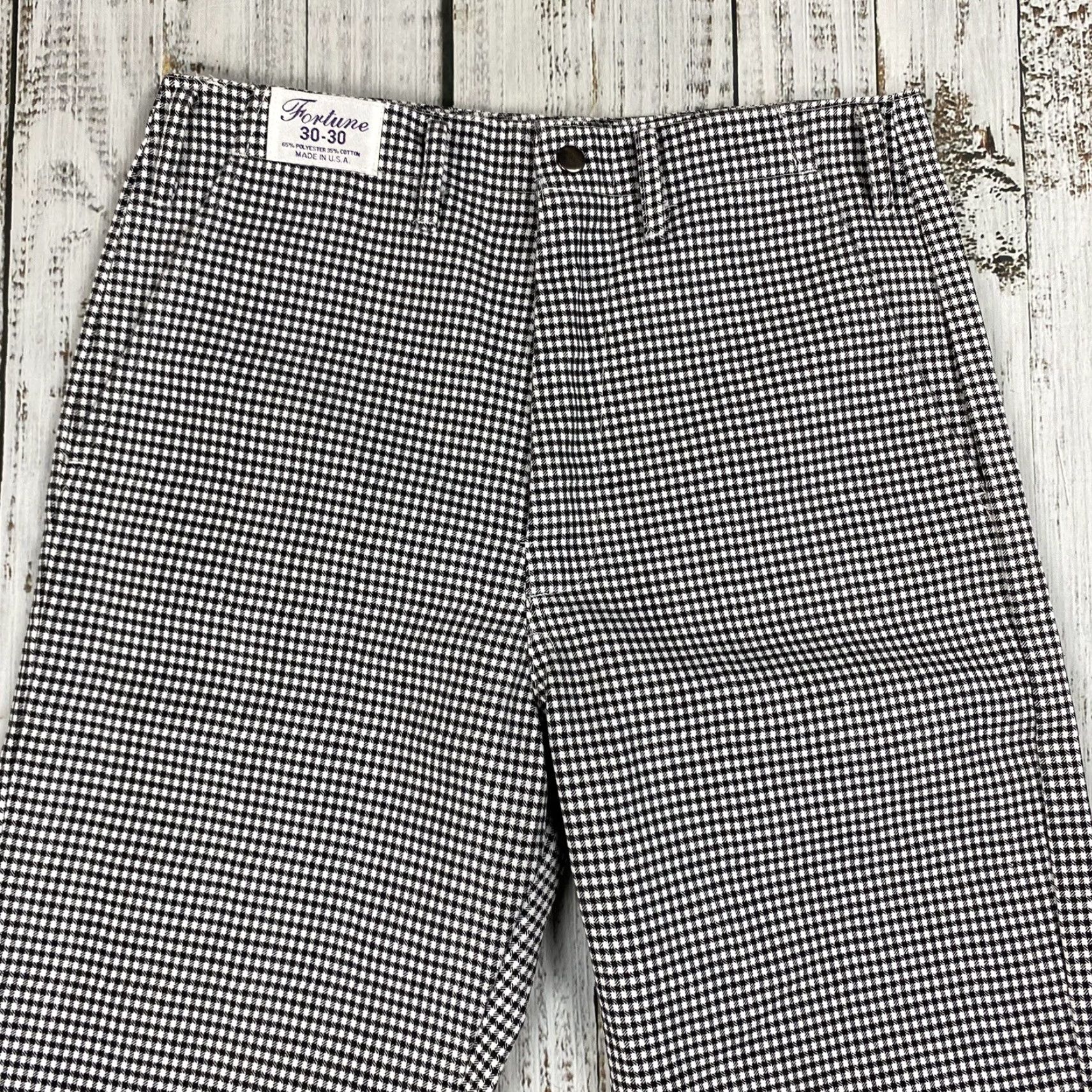 VINTAGE 1970s FORTUNE HOUNDSTOOTH DISCO PANTS Straight Leg Regular 30 BLACK/WHITE Mens