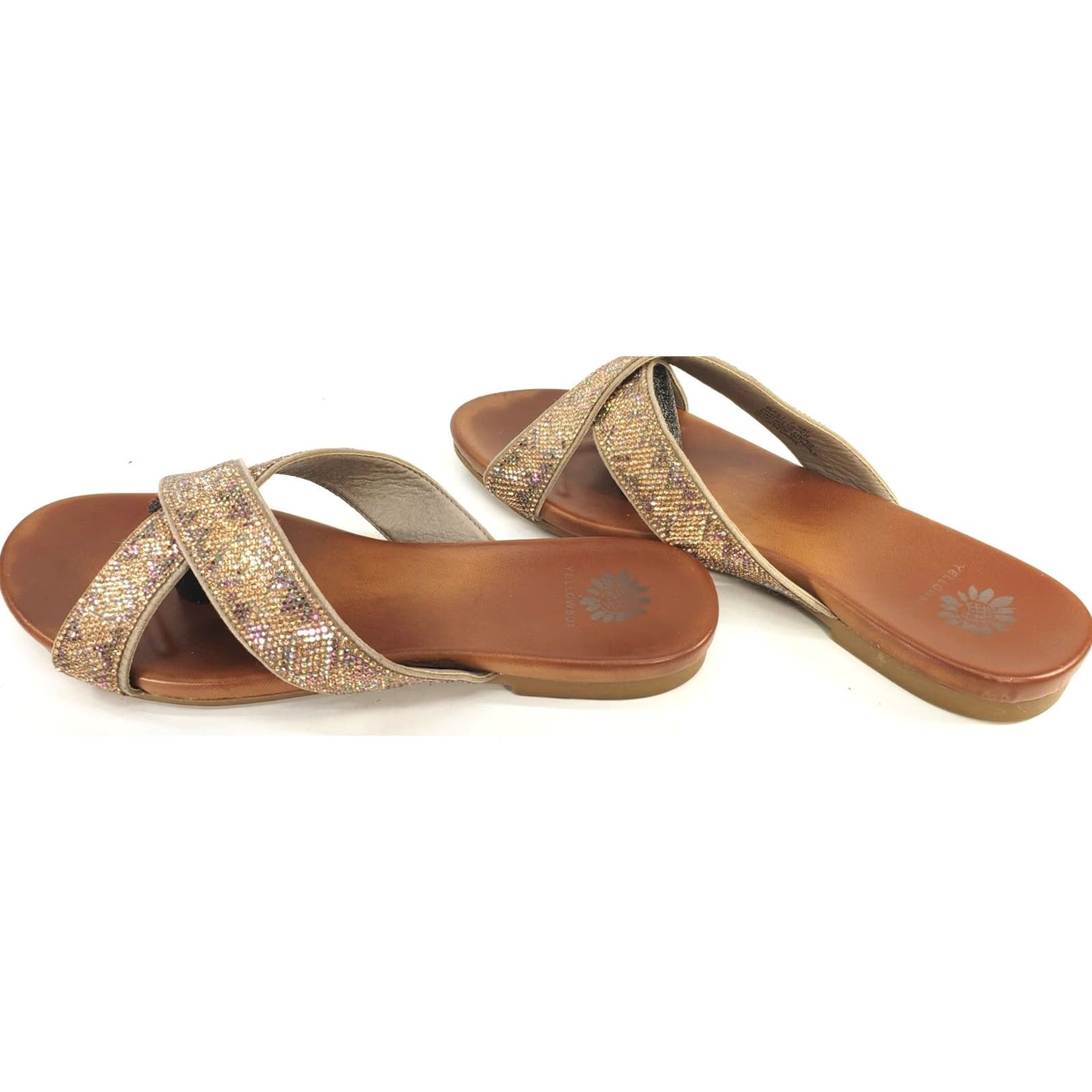 Vintage Yellow Box Bali Womens Slides 7.5 Gold Rhinestone Blingy X-Cross Front Shoes Womens Medium Gold Rhinestone Blingy X-Cross Front Size US 8 / IT 38 - 5 Thumbnail