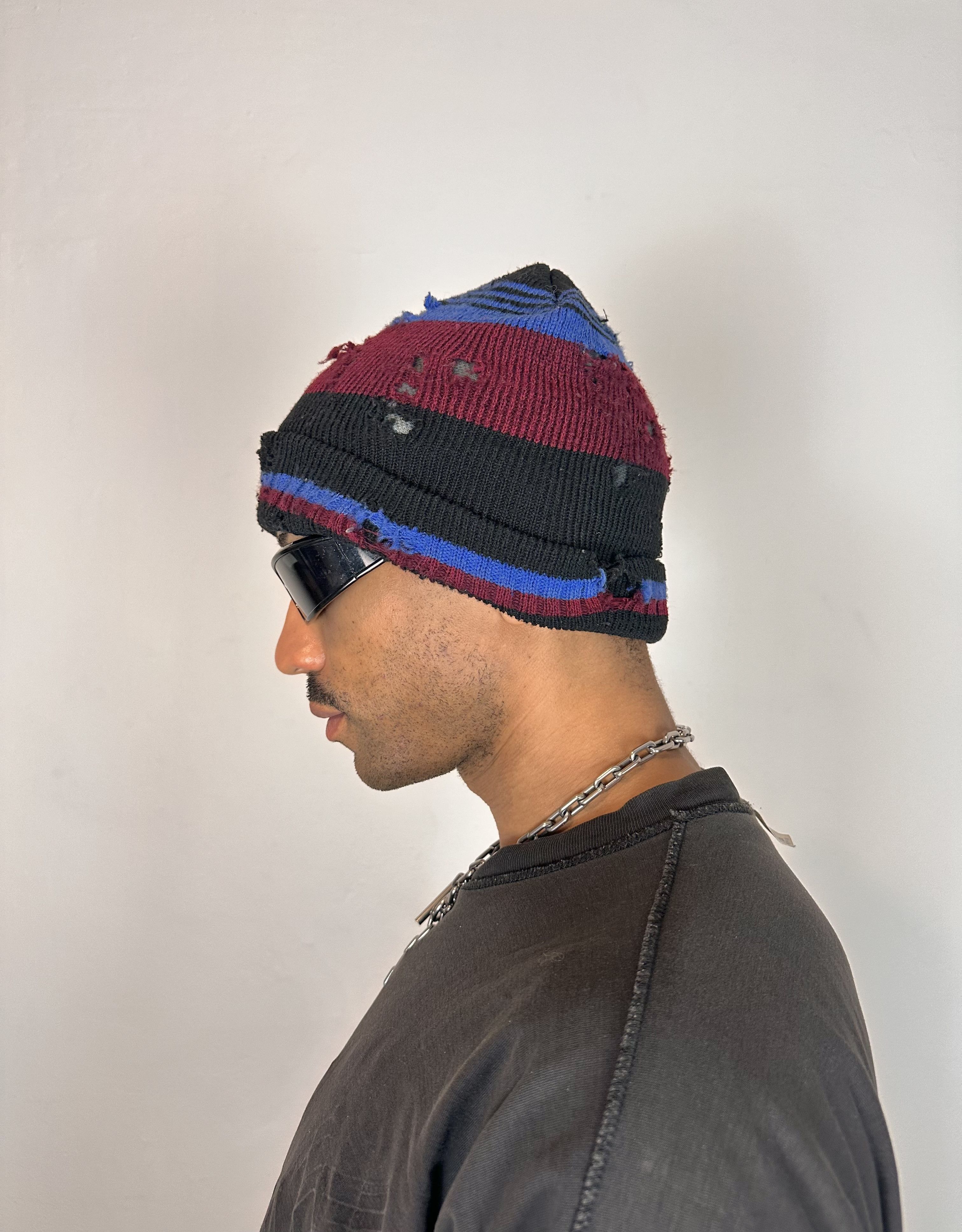 Vintage ASTROBOI* Burgundy/Black/Blue Striped Grunge Beanie Size ONE SIZE - 4 Thumbnail