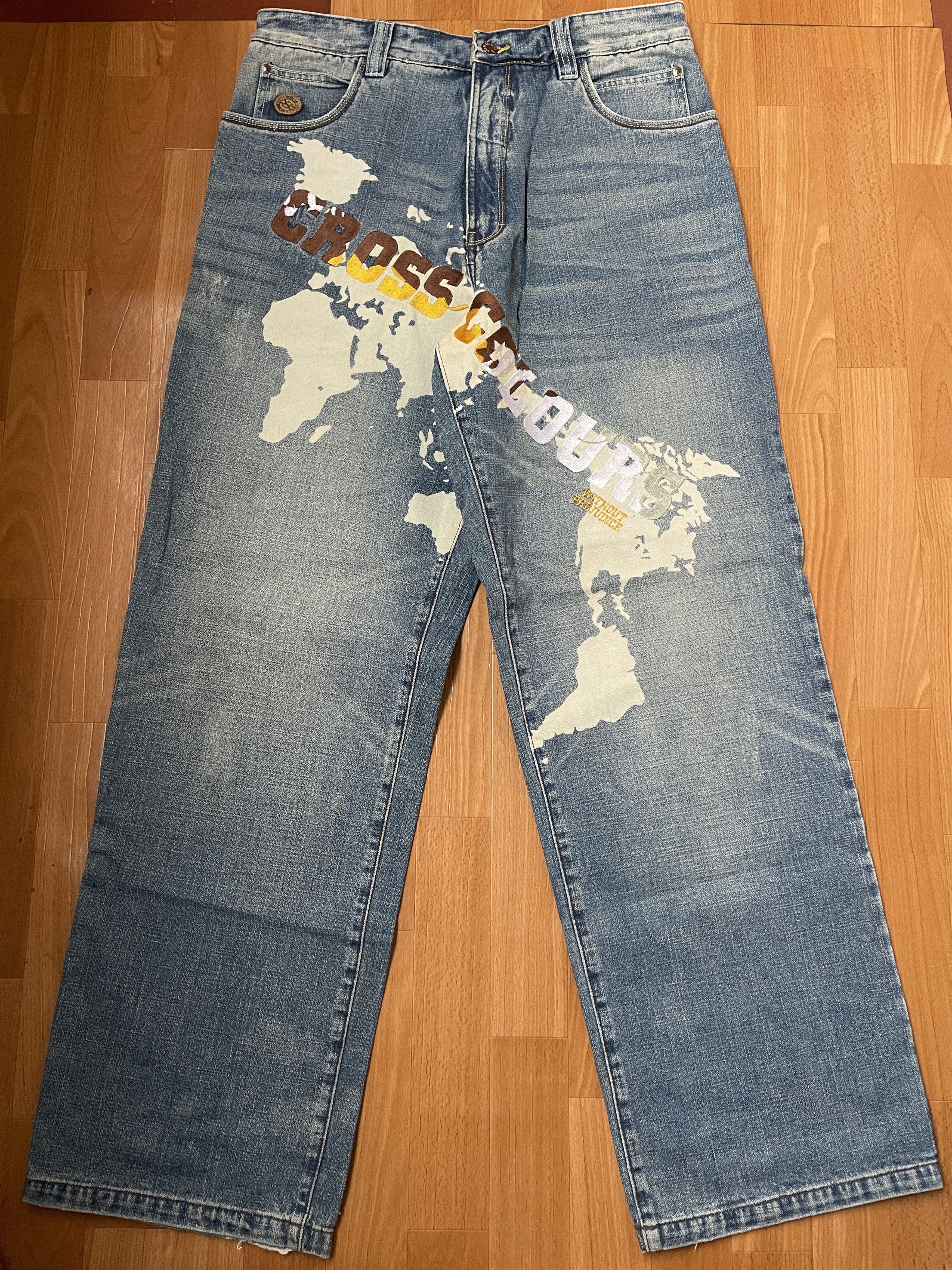 Cross Colours Cross Colours jeans, World Map, vintage, 90s hip hop, W 34 Size US 34 / EU 50 - 1 Thumbnail