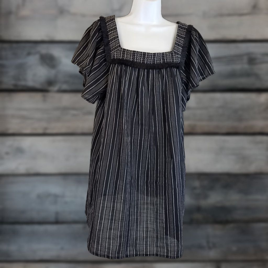 Vintage Isabel Maternity Womens Top Sz Large Black Striped Fringe Cotton Square Neck Size L / US 10 / IT 46 - 1 Thumbnail