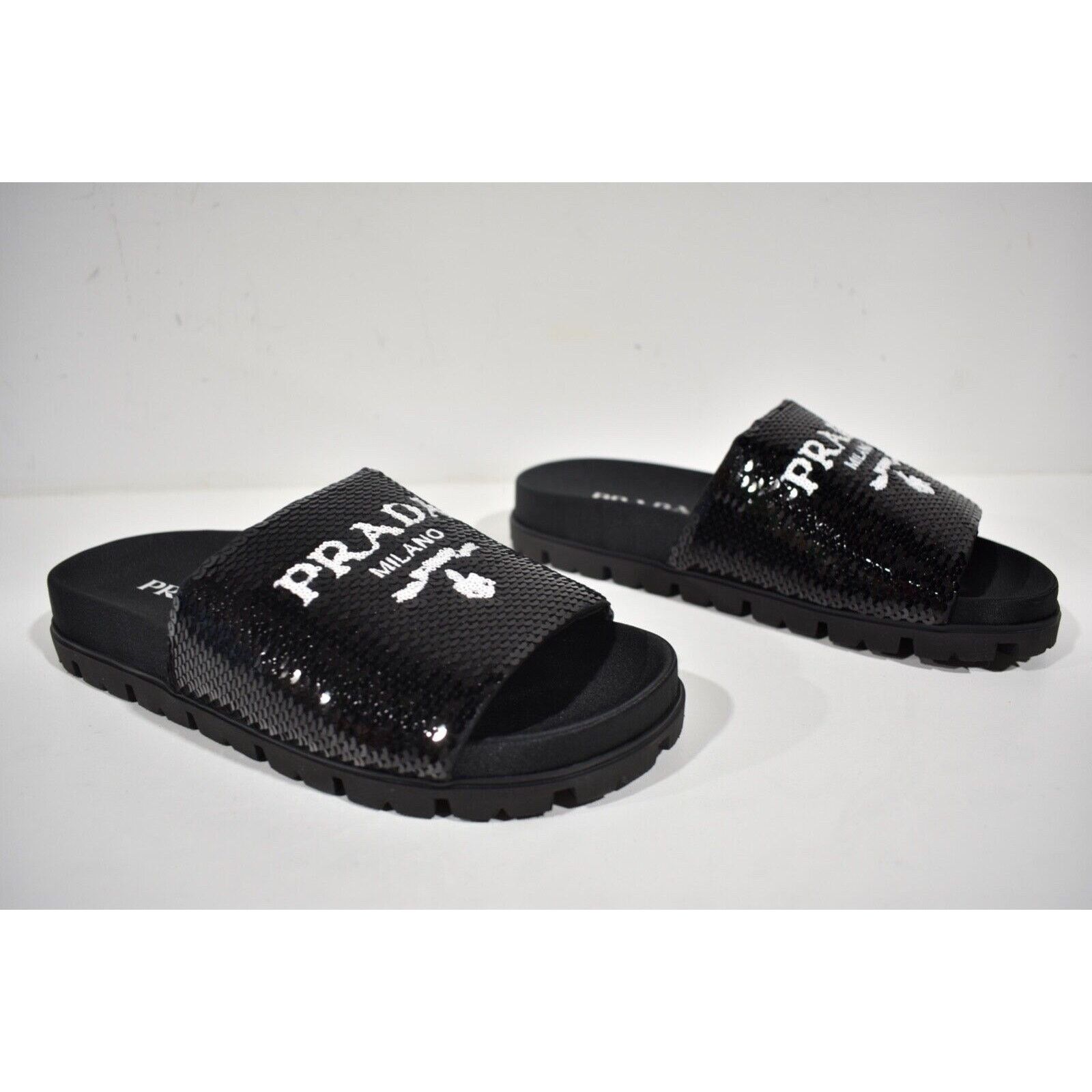 Prada Prada Black Sequin White Logo Slide Sandal Flat 37 Size US 7 / IT 37 - 4 Thumbnail