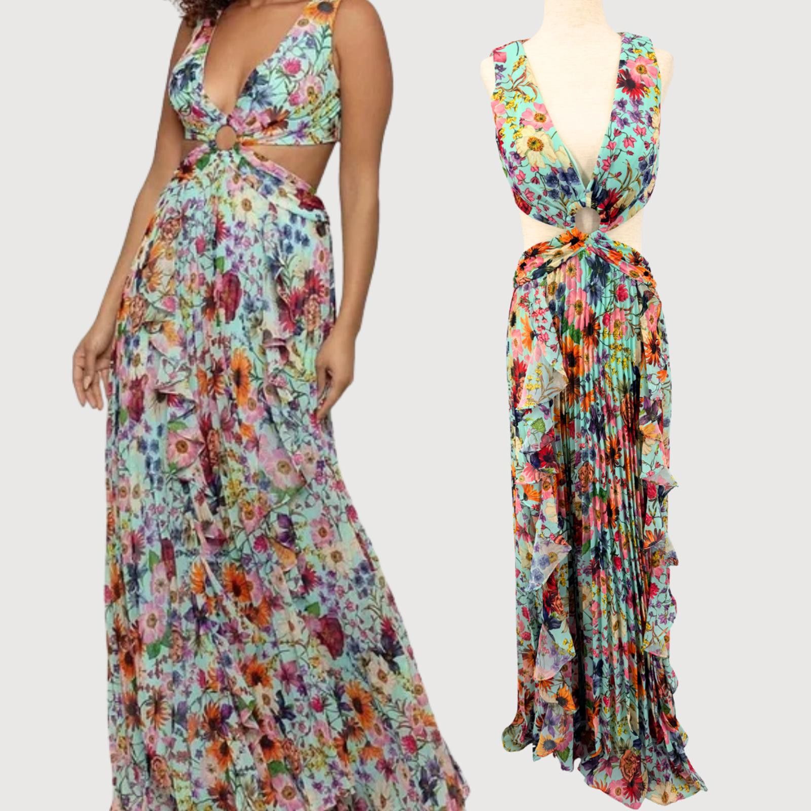 Other Aqua Floral Cutout Maxi Dress Pleated Blue Size 0 Size XS / US 0-2 / IT 36-38 - 1 Thumbnail