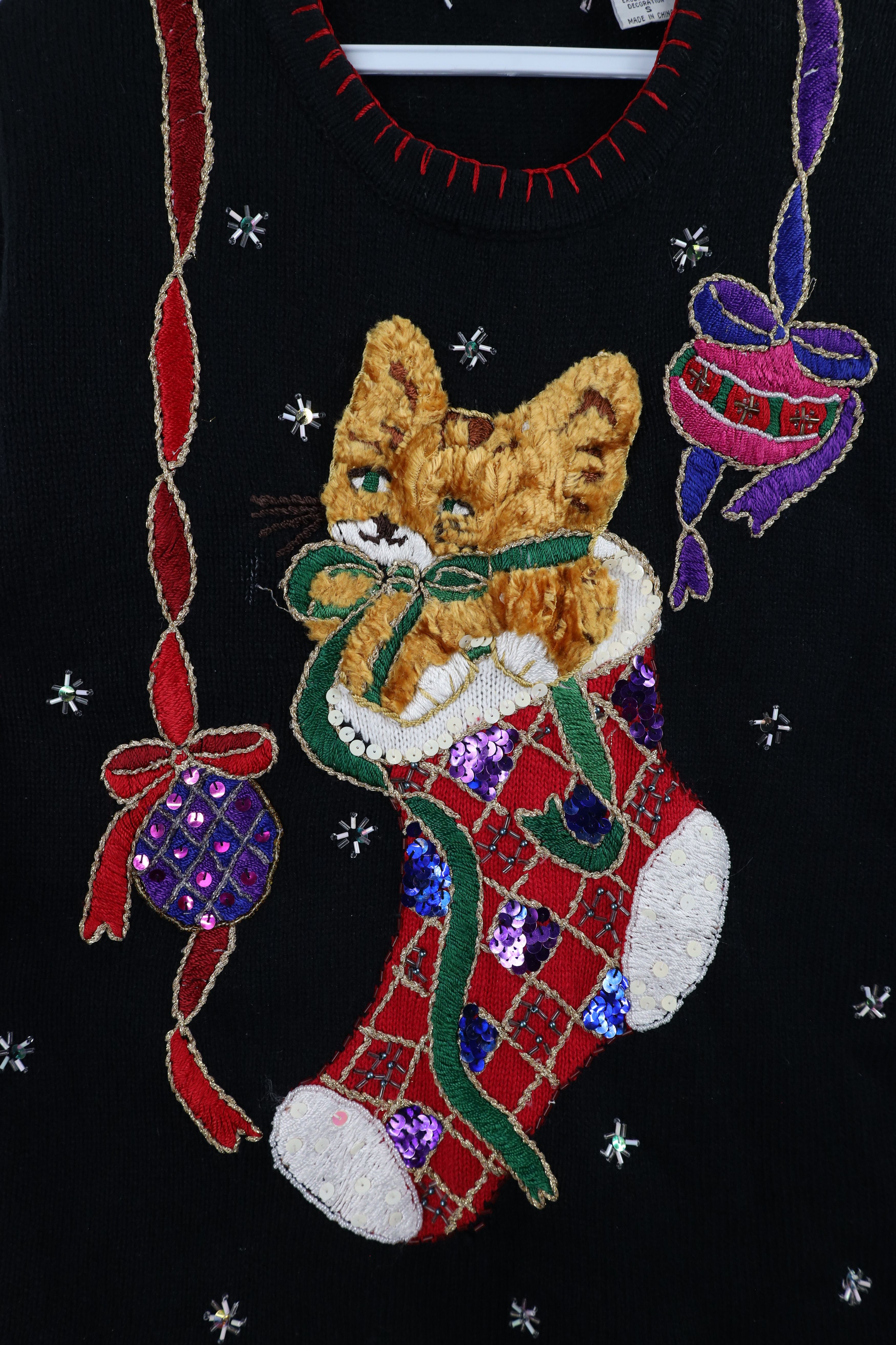 Vintage Vintage 90s Cat Kitten Stocking Beaded Knit Sweater Black Size S / US 4 / IT 40 - 4 Thumbnail