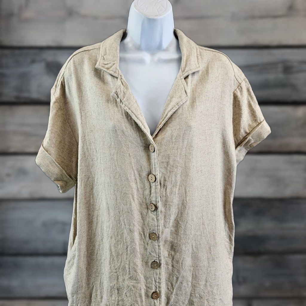 Vintage Miou Muse Womens Pop Off Linen Dress Sz Large Beige Short Sleeve Size 36" / US 14 / IT 50 - 1 Thumbnail