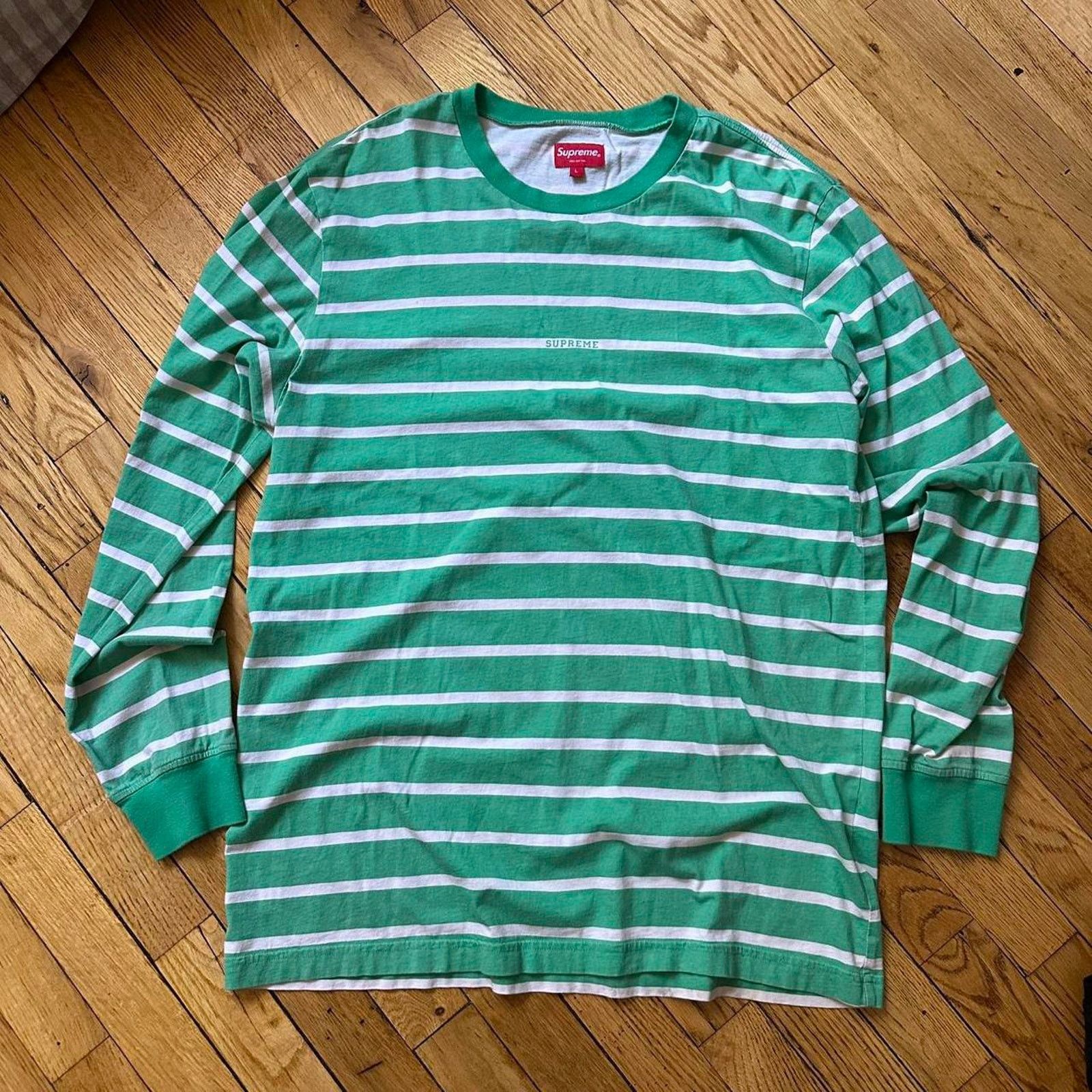 Supreme Supreme Green Striped Logo Spellout Basic Longsleeve Shirt Size US L / EU 52-54 / 3 - 1 Thumbnail