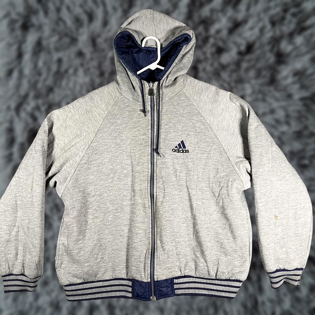 Adidas Adidas Jacket Mens XL Blue Gray Reversible Hooded Full Zip Winter Bomber Vintage Size US XL / EU 56 / 4 - 1 Thumbnail