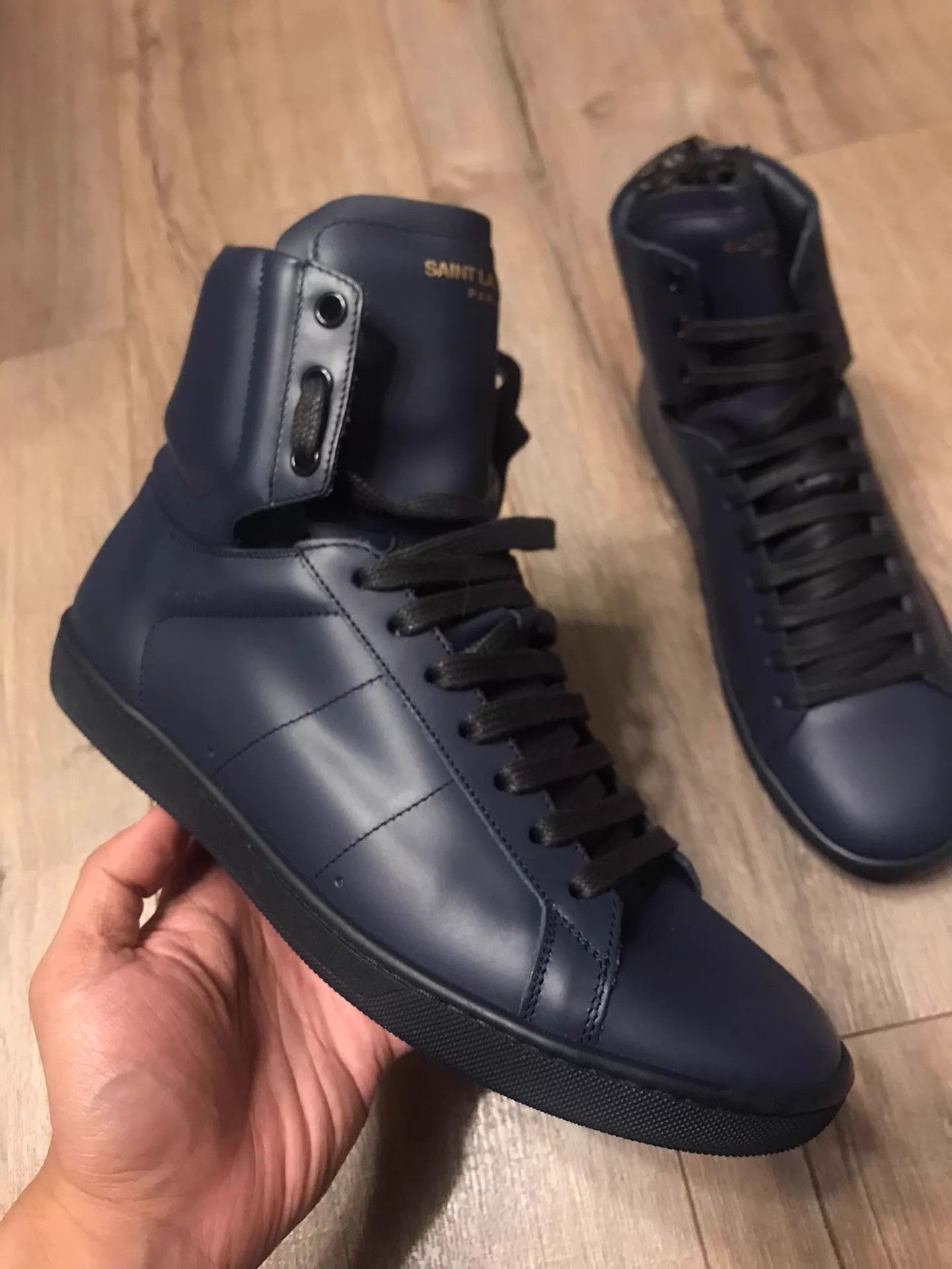 Saint Laurent Paris SLP Navy Blue High-Top Leather Sneakers Size 40 (New) Size US 7 / EU 40 - 2 Thumbnail