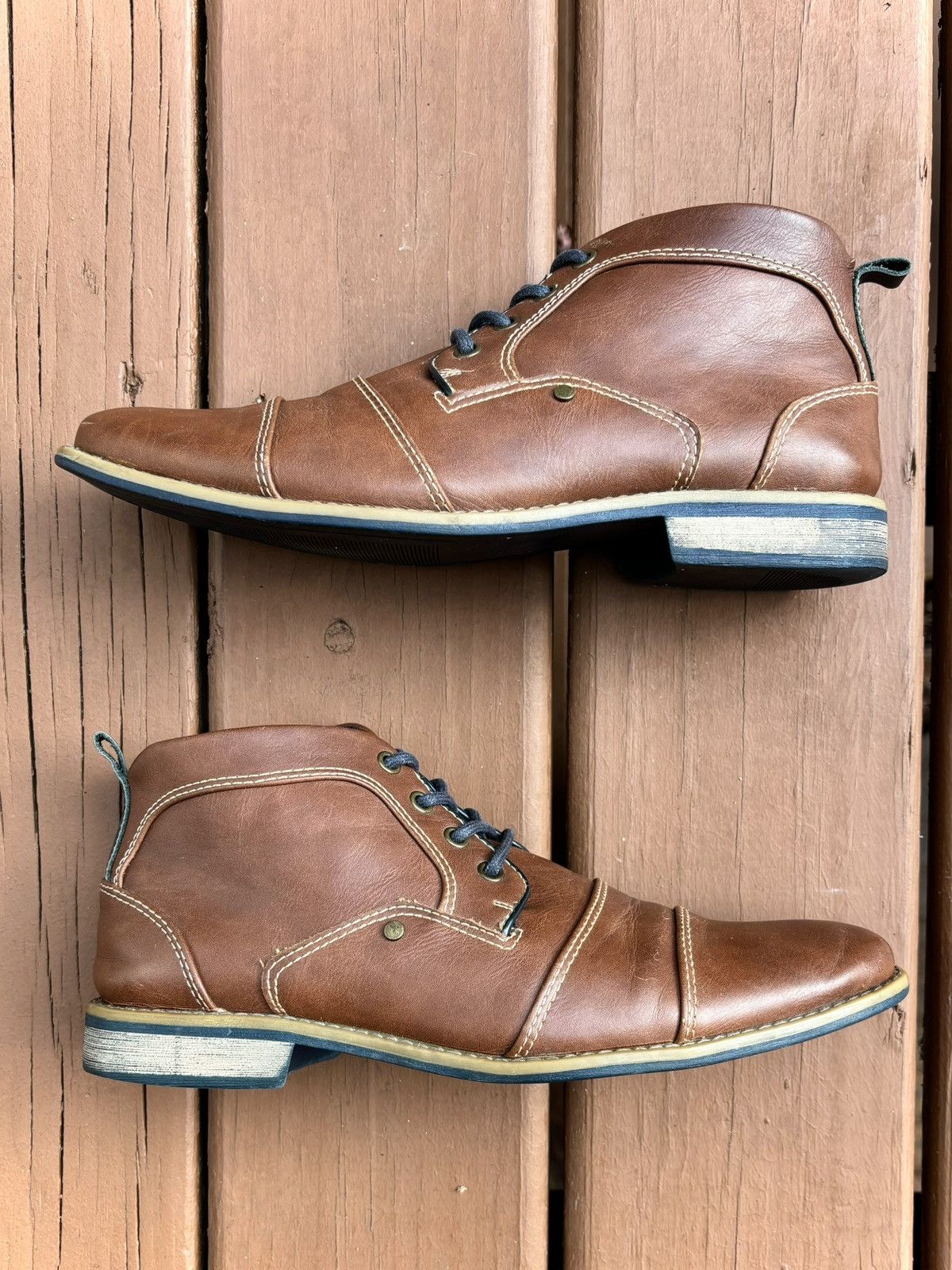 Apt. 9 × Designer Brown Leather Ankle Boots Apt 9 Cap Toe Zipper Cognac & Navy Size US 8 / EU 41 - 4 Thumbnail