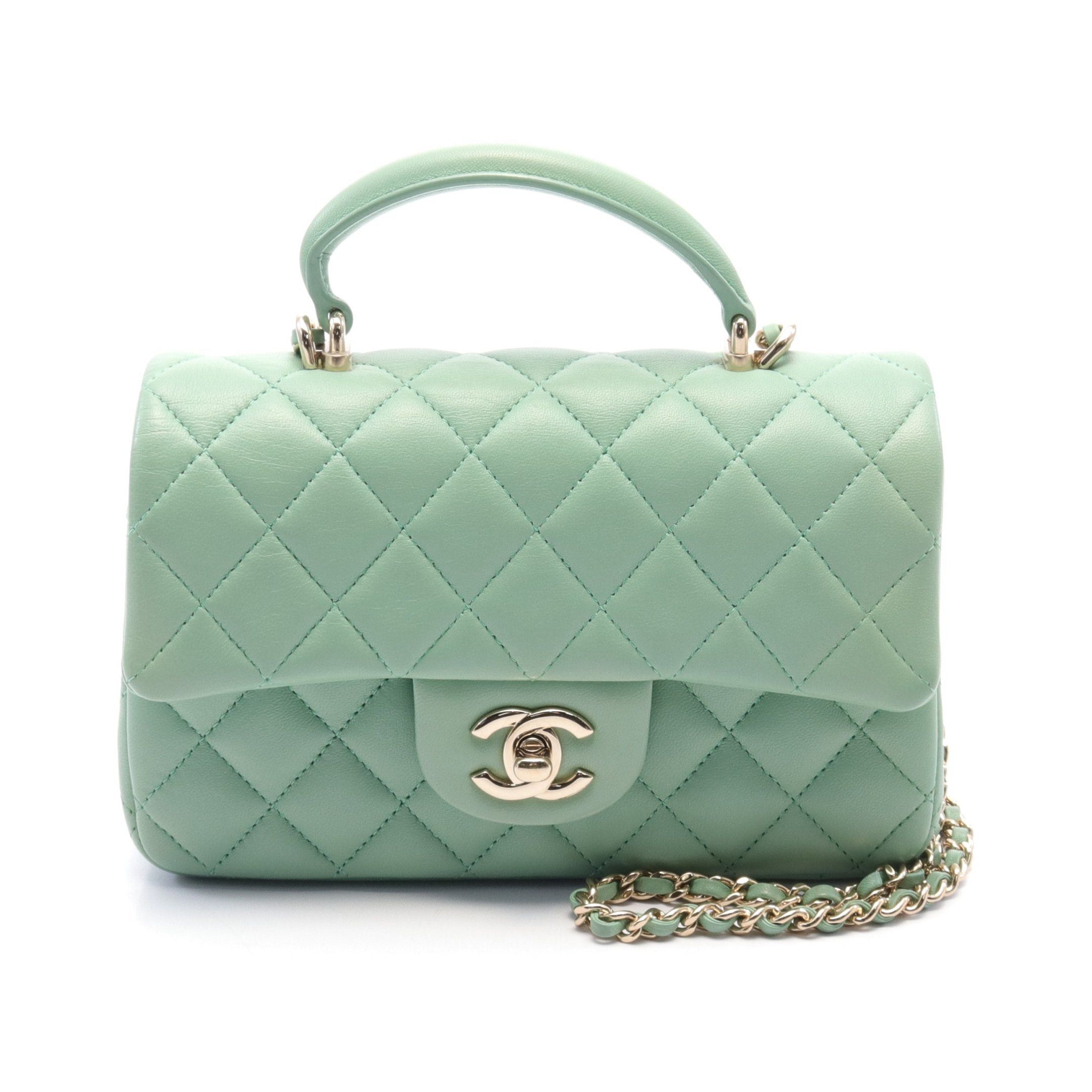 Chanel Chanel Matelasse Top Handle Mini Flap Chain Shoulder Bag Lambskin Light Green Gold Hardware Size ONE SIZE - 1 Thumbnail