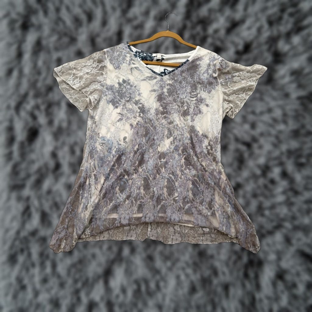 Vintage VINTAGE Dressbarn Blouse 1X Plus Women Sheer Lace Overlay Floral Fairycore Whimsigoth Blue Nylon Polyester Spandex Lace Size XL / US 12-14 / IT 48-50 - 1 Thumbnail