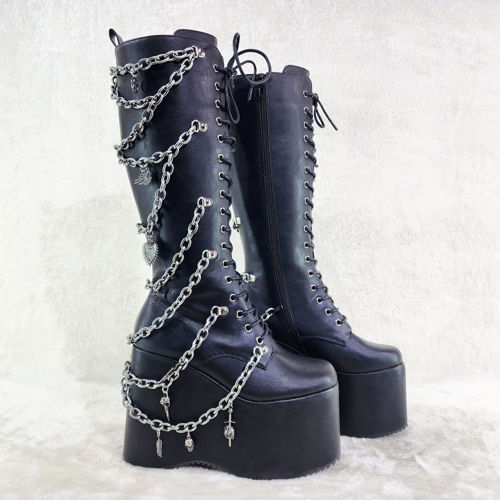 Other Black Goth Knee Boot 6 " Wedge Platform Chains Charms Size US 11 / IT 41 - 2 Thumbnail