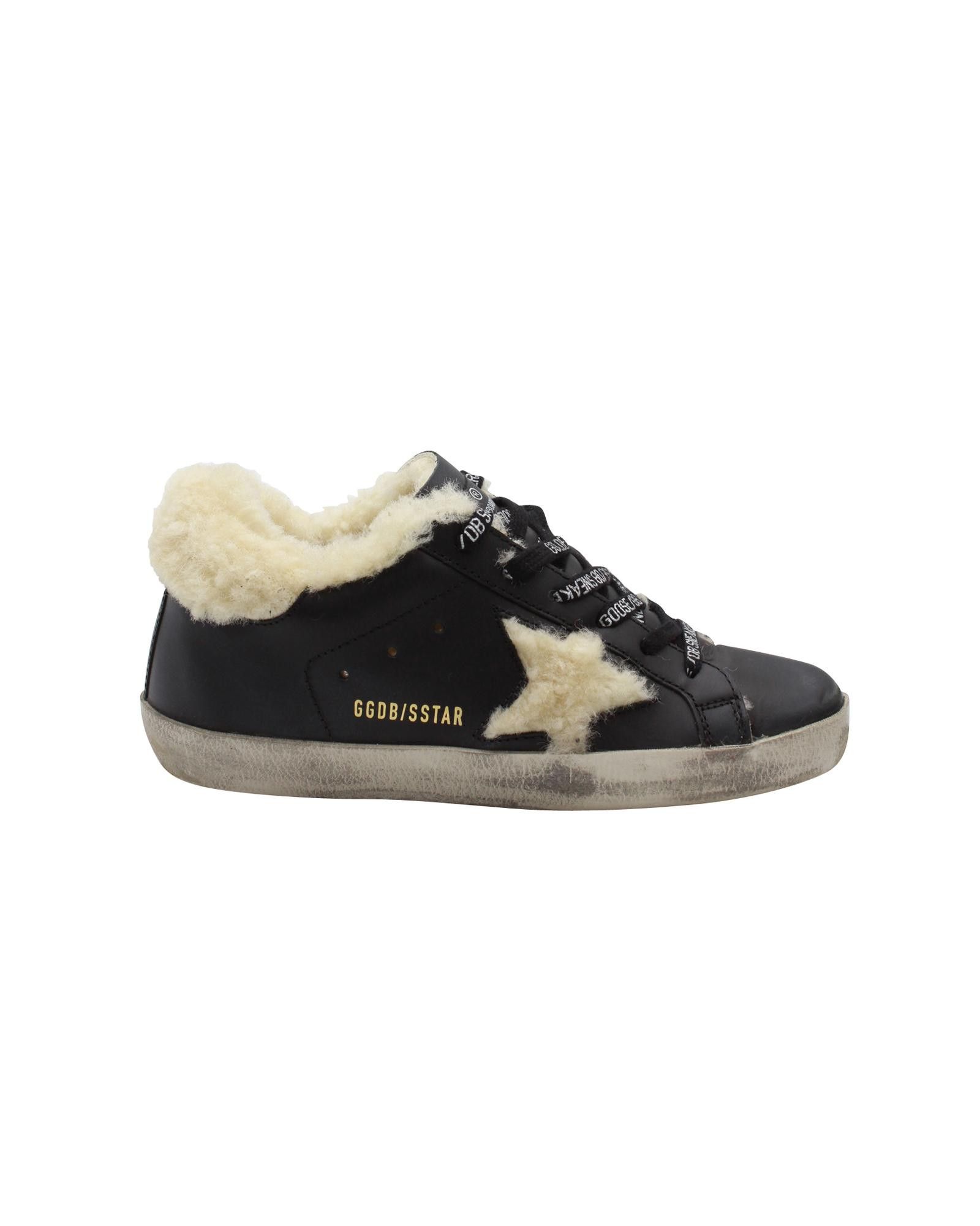 image of Golden Goose Distressed Leather Sneakers With Shearling Inserts in Black, Women's (Size 5)