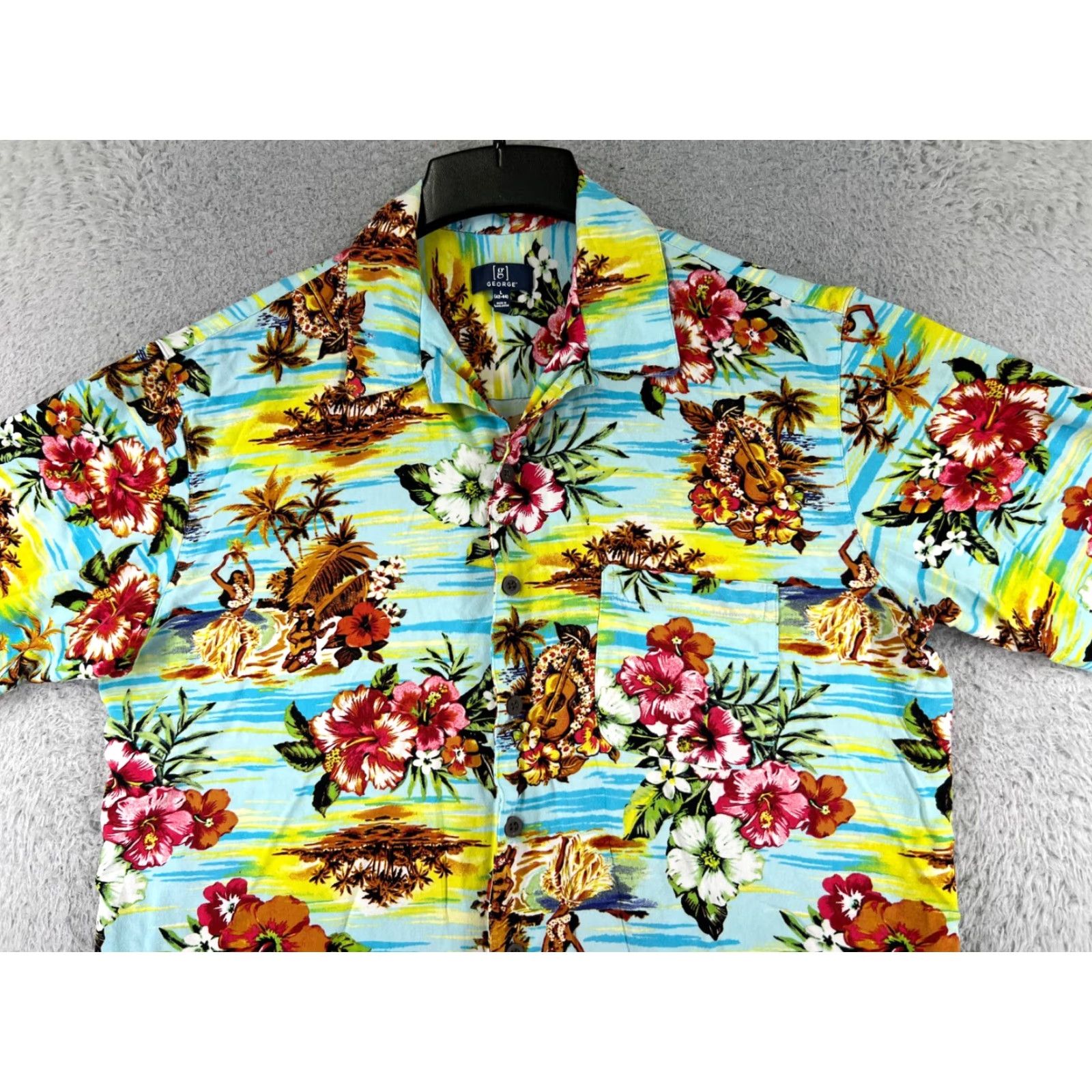 George VINTAGE George Shirt Adult Large Yellow Blue Floral Hula Island Print Button-Down Short Sleeve Rayon Hawaiian Men’s Shirt Size US L / EU 52-54 / 3 - 4 Thumbnail