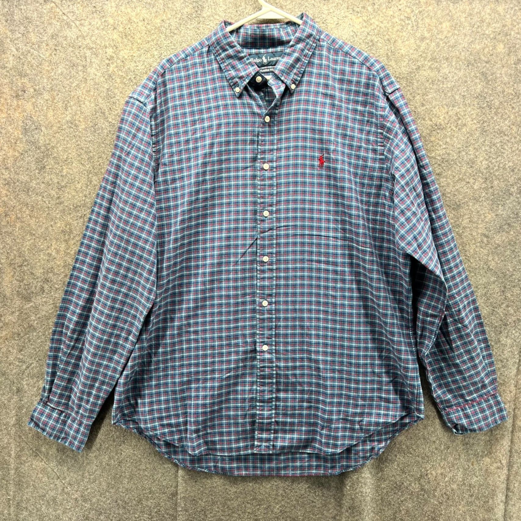 Polo Ralph Lauren VINTAGE Ralph Lauren Shirt Men XL Button-Down Plaid Oxford Classic Fit Blue Size US XL / EU 56 / 4 - 2 Thumbnail