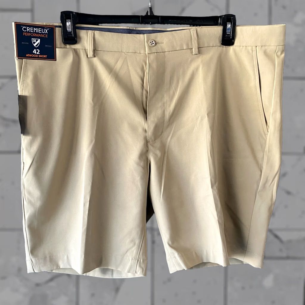 Cremieux Atwood Chino Shorts Mens 42 Khaki Golf Casual Outdoors Lightweight Tan Performance Stretch Flat Front Zip Belt Loops Polyester in Beige, Men's