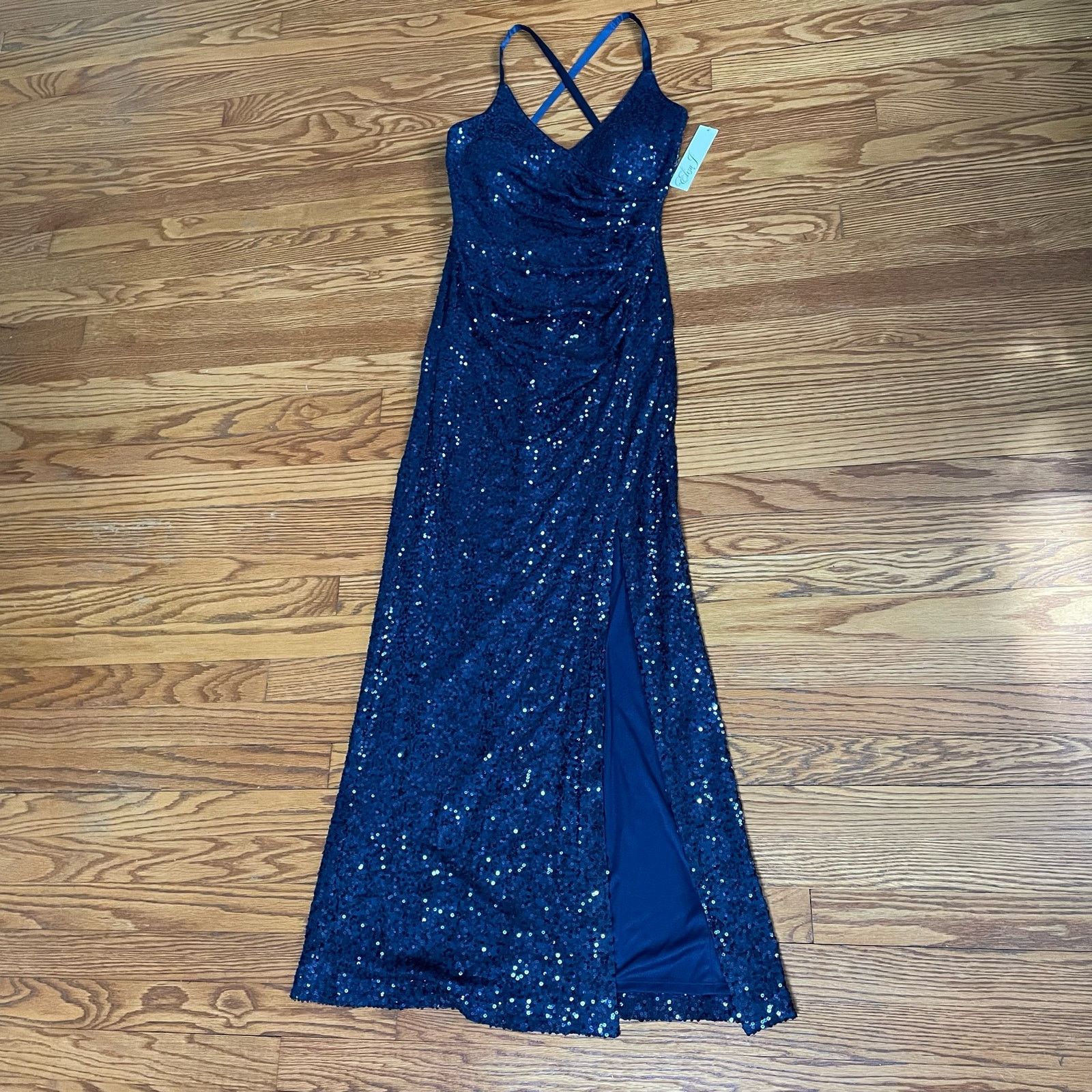Eliza J Sequin Gown Maxi Dress Sleeveless Slit Navy Blue 10