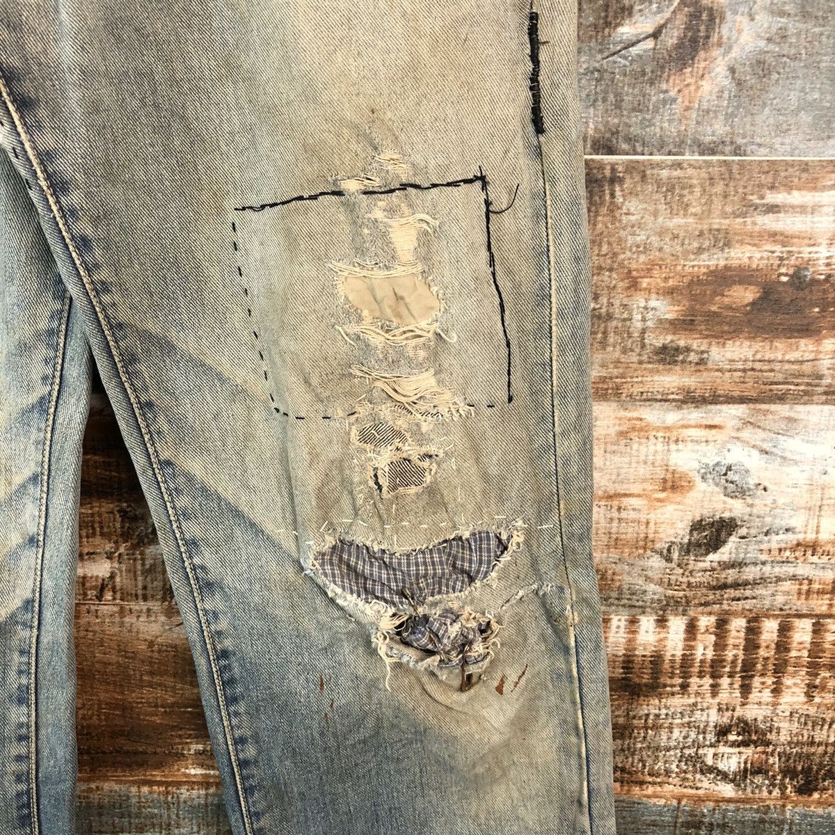 GL Hearth Blue patchwork Distressed Denim Pants #A2177