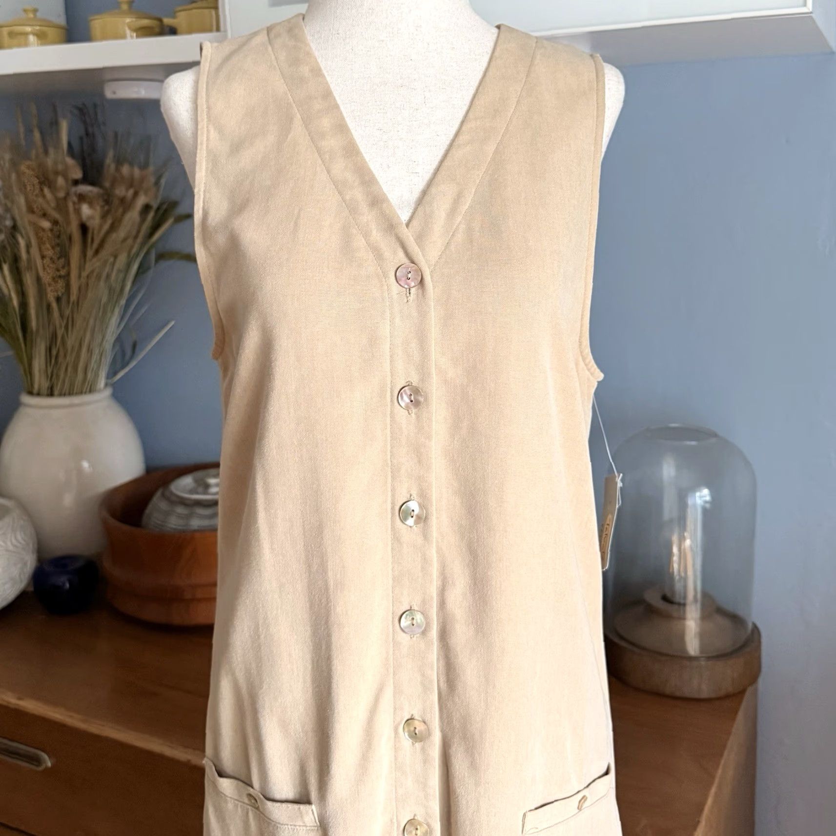 Talbots VINTAGE Talbots Linen Blend Button Front V-Neck Sleeveless Midi Maxi Dress Beige 4P Women Petite 90s 47.5” Size S / US 4 / IT 40 - 2 Thumbnail