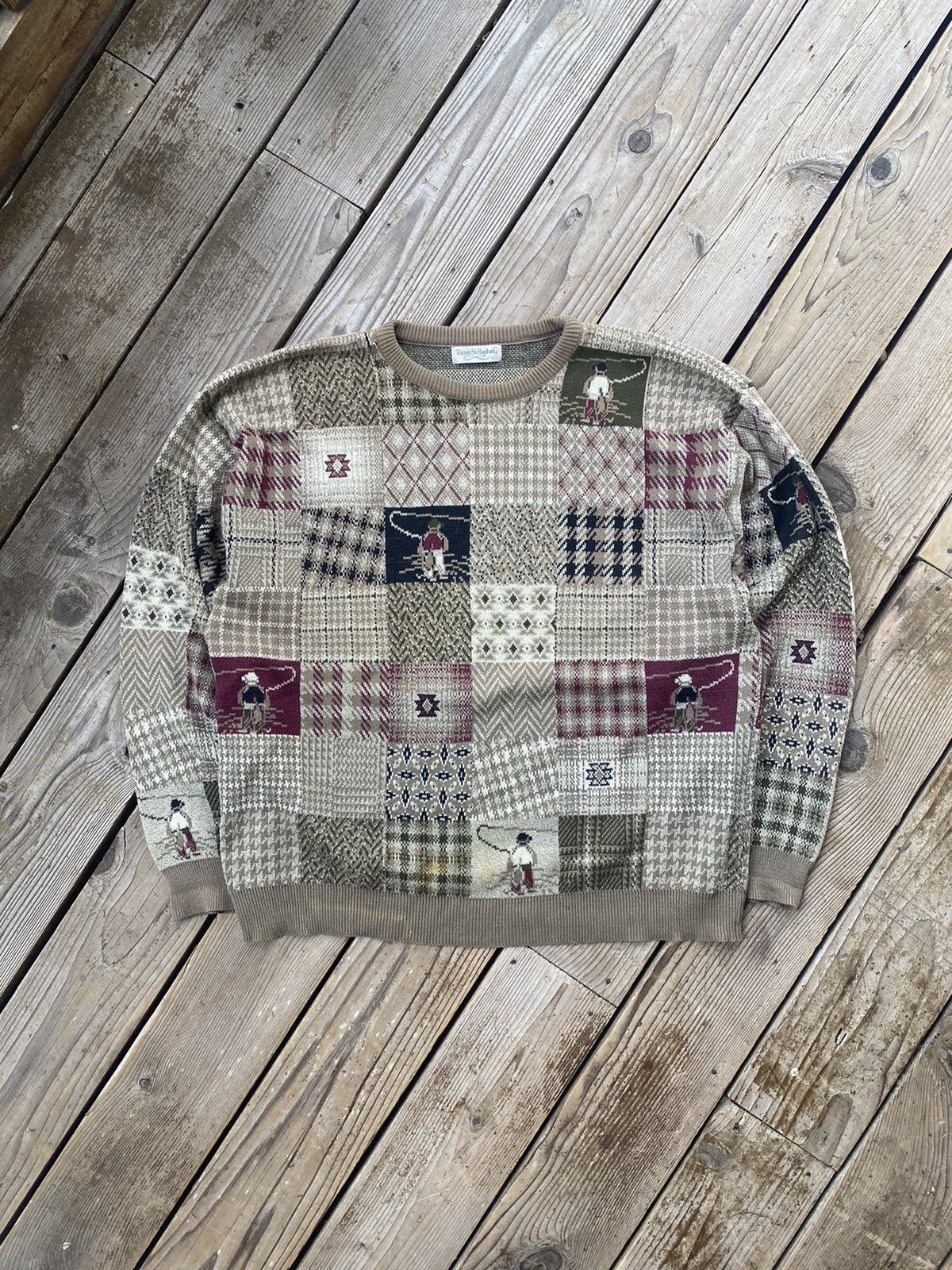 Vintage Vintage Patchwork Fisherman Beige Knit Abstract Sweater Size US L / EU 52-54 / 3 - 1 Thumbnail