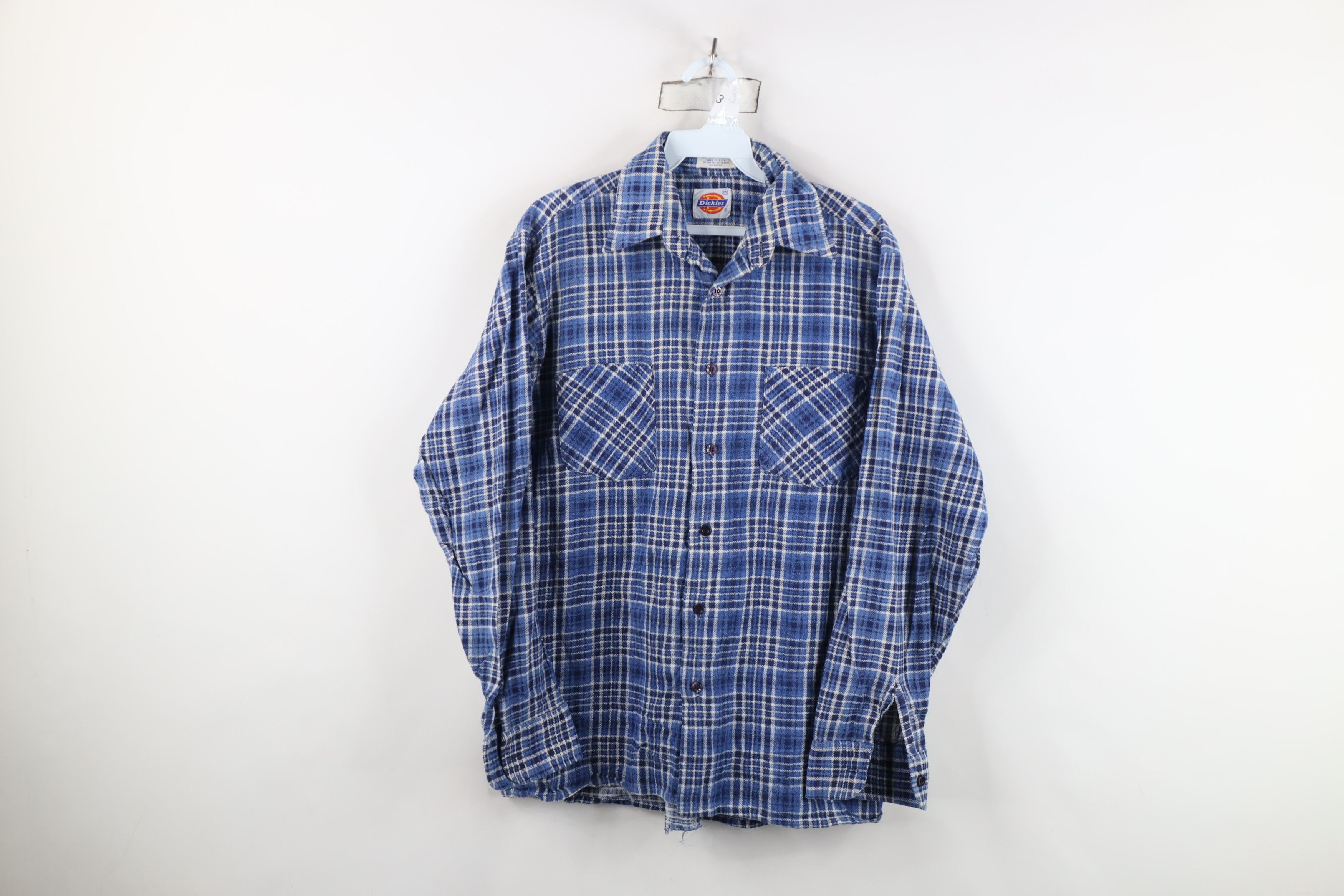 Vintage 70s Dickies Flannel Collared Button Shirt Blue Plaid