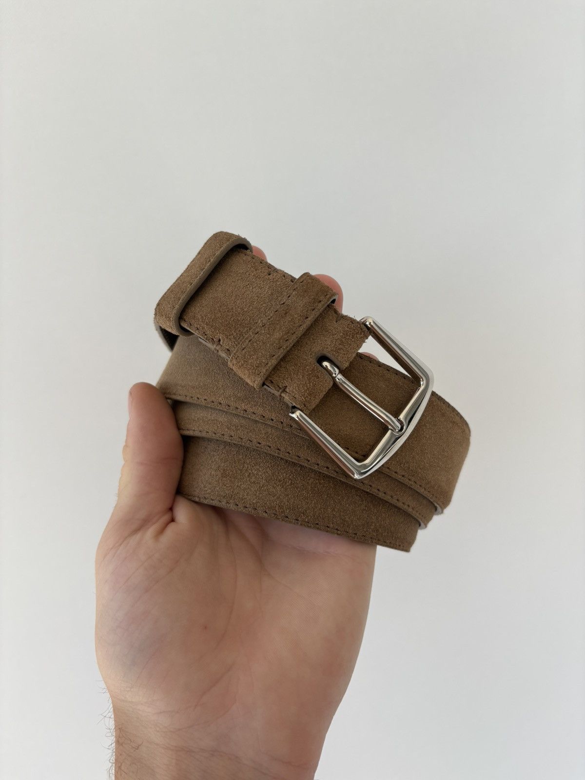 LORO PIANA Brown Suede Belt With Silver Buckle
