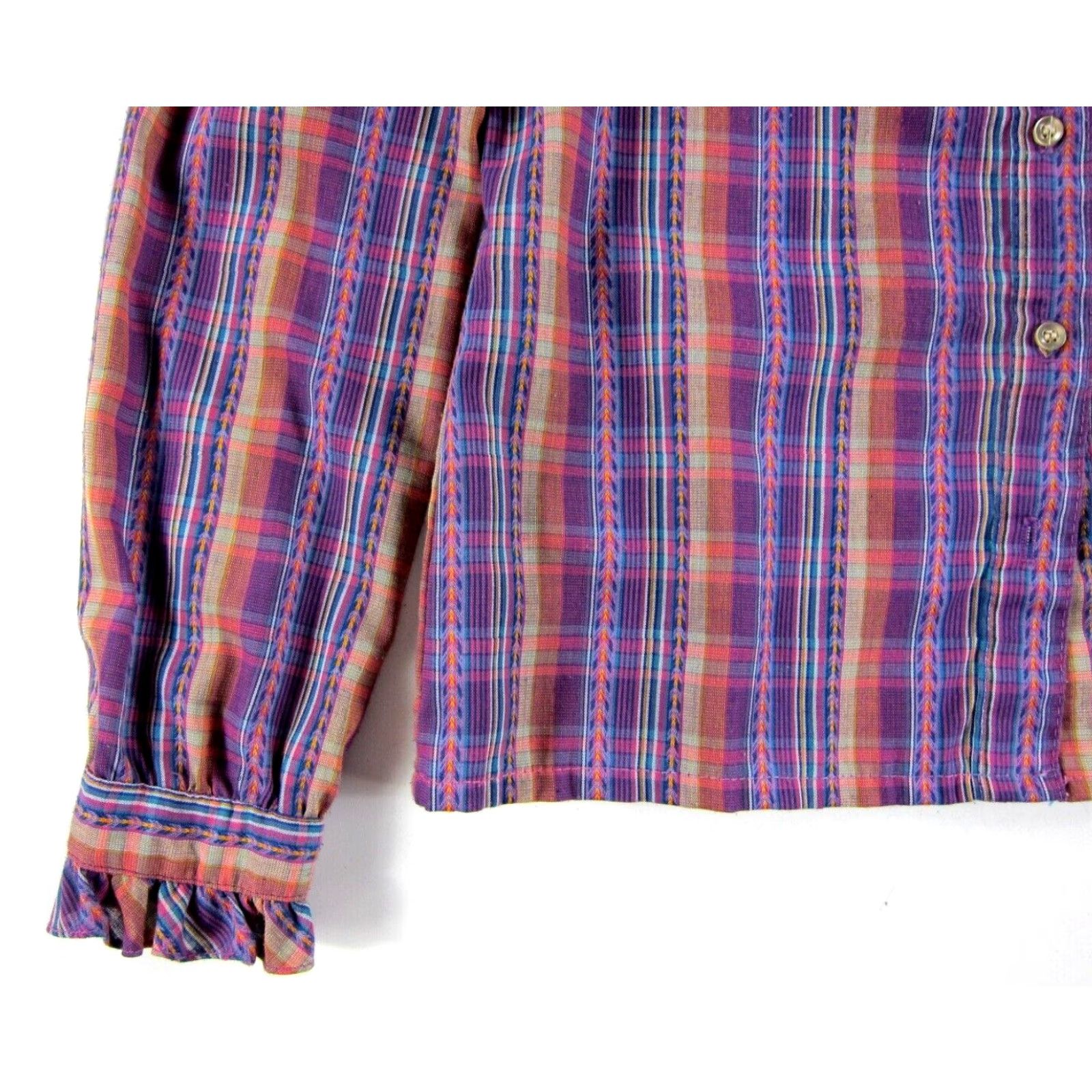 Pinko VTG Personal Petites Purple Pink Brown Plaid Ruffle Neck Long Sleeve Blouse XS Size XS / US 0-2 / IT 36-38 - 5 Thumbnail