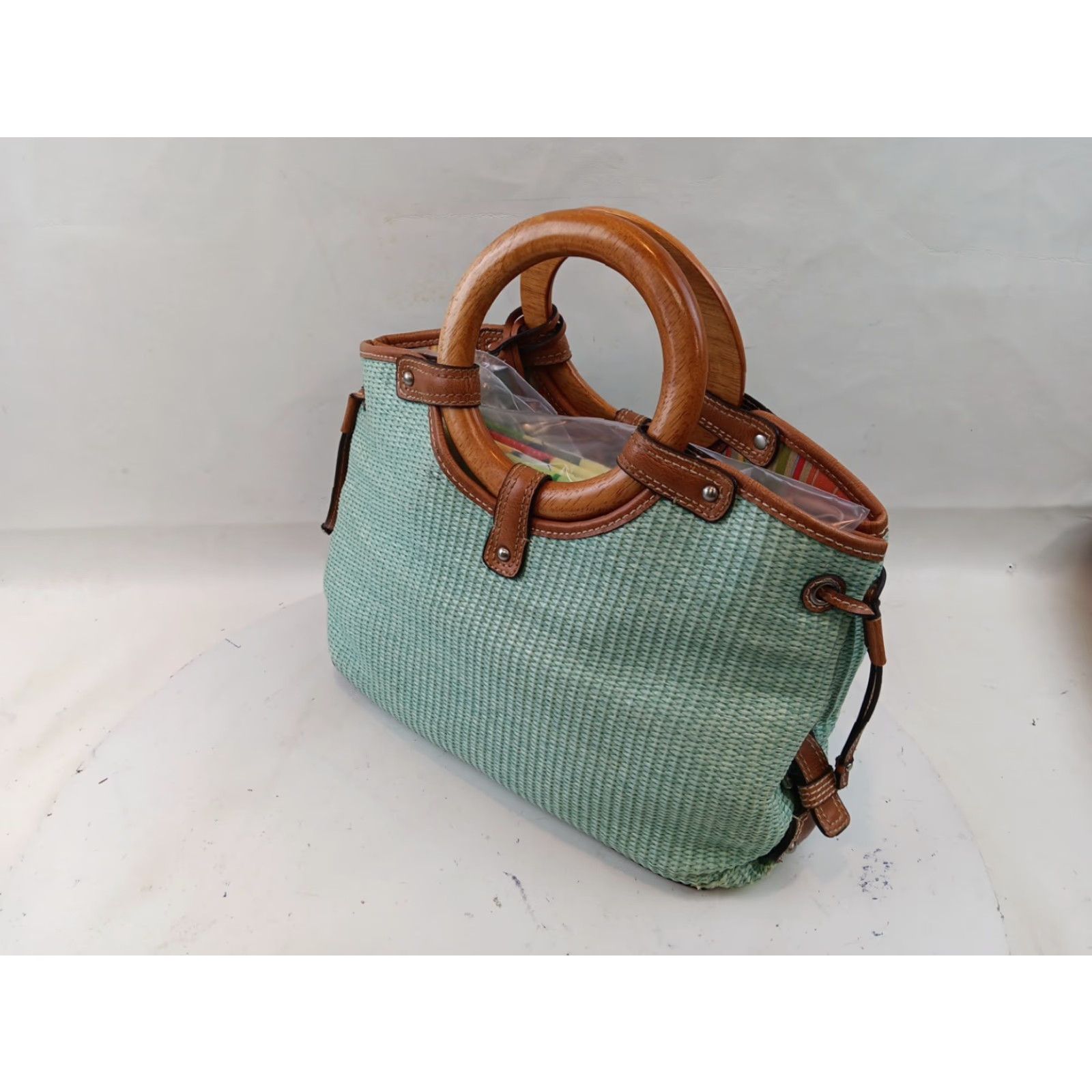 Fossil Fossil Wicker Woven Handbag Satchel Seafoam Green Leather Trim Wooden Handles Size ONE SIZE - 7 Thumbnail