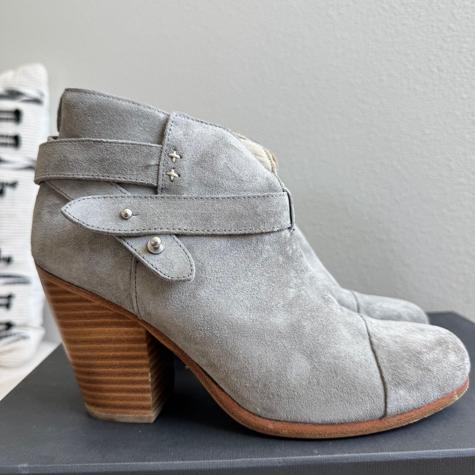 Rag Bone Harrow Suede Ankle Boots Block Heel Light Grey