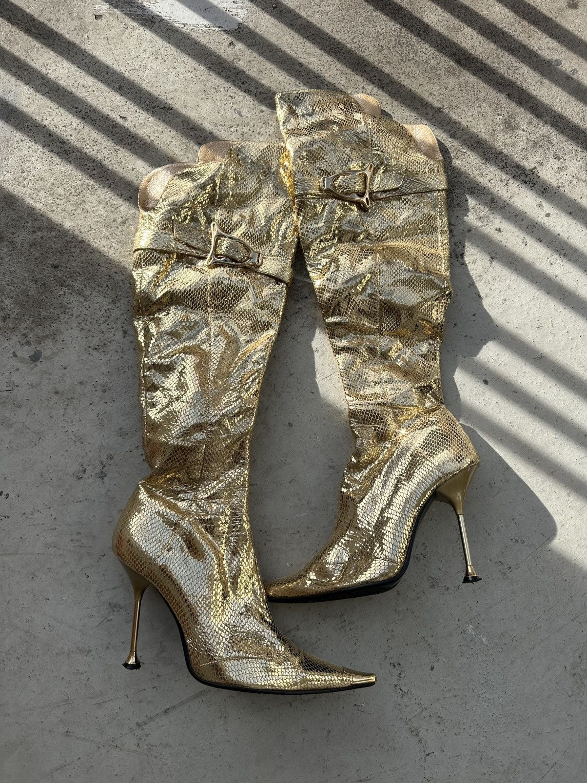 Vintage Gold Snakeskin Metallic Knee High Boots Avantgarde el Dantes Size US 8 / IT 38 - 2 Thumbnail